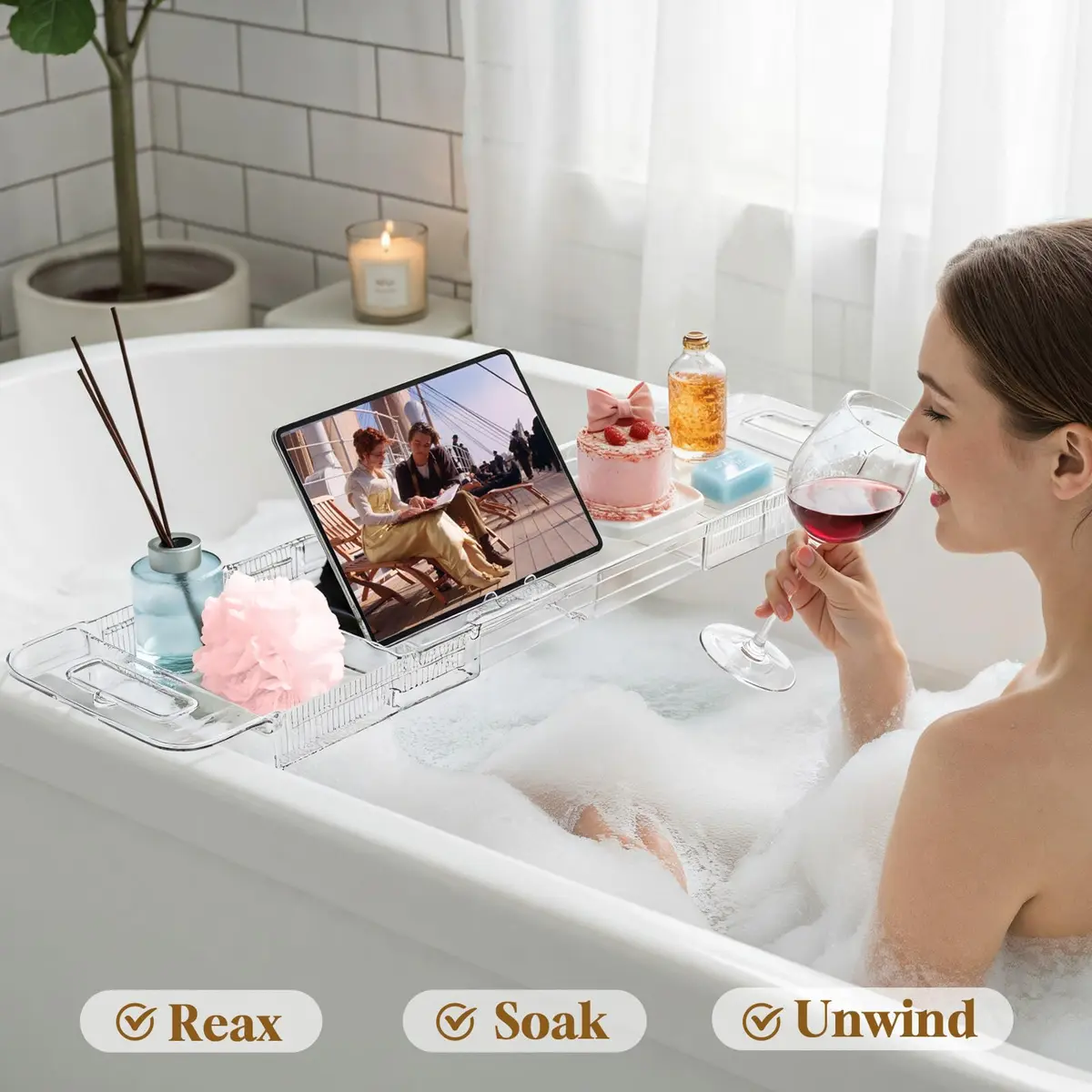 onannos Expandable Clear Acrylic Bathtub Tray Caddy | Foldable Tub Bath Shelf with Drain Slots, Slip-Resistant Waterproof Bathroom Accessory (20-32") - view 7