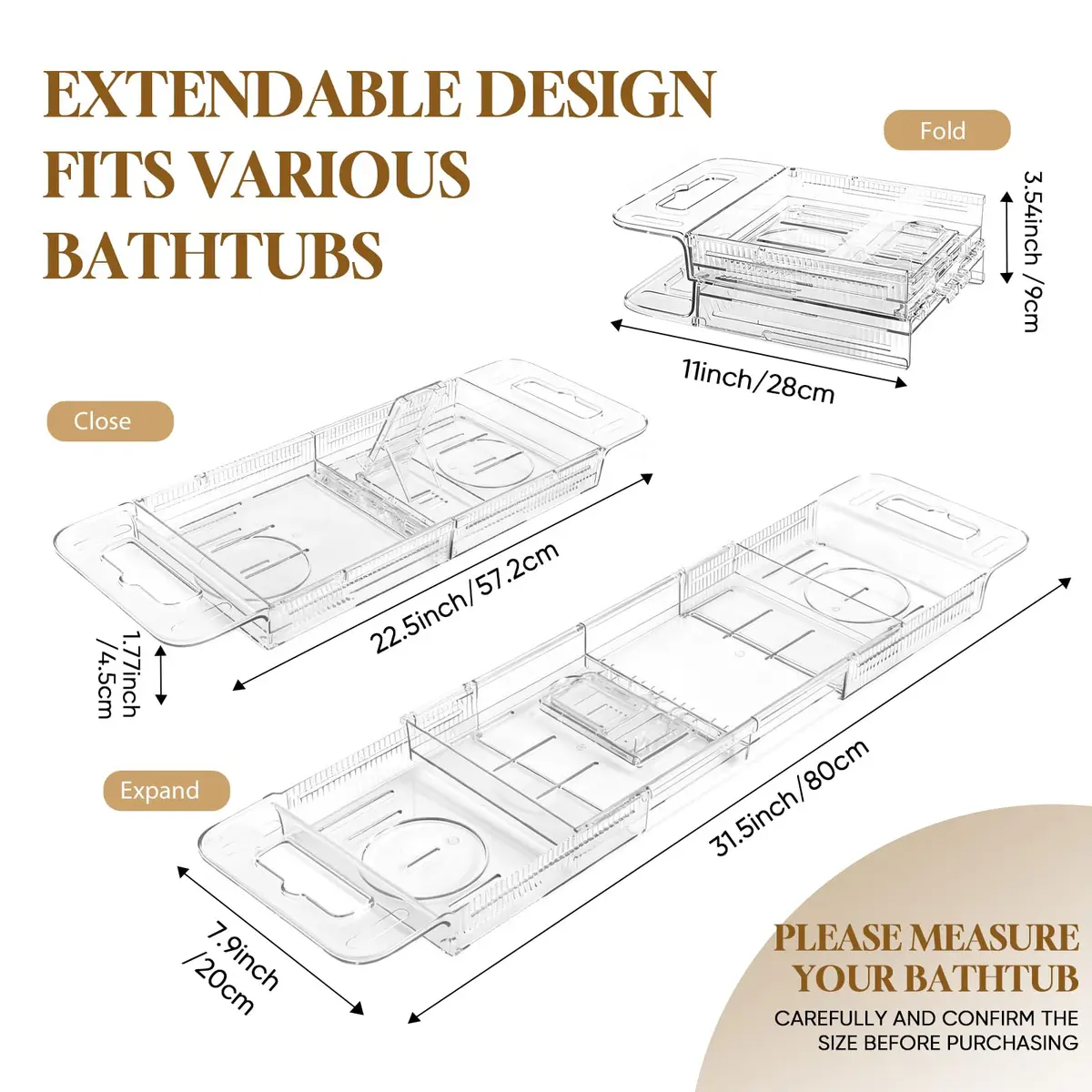 onannos Expandable Clear Acrylic Bathtub Tray Caddy | Foldable Tub Bath Shelf with Drain Slots, Slip-Resistant Waterproof Bathroom Accessory (20-32") - view 3
