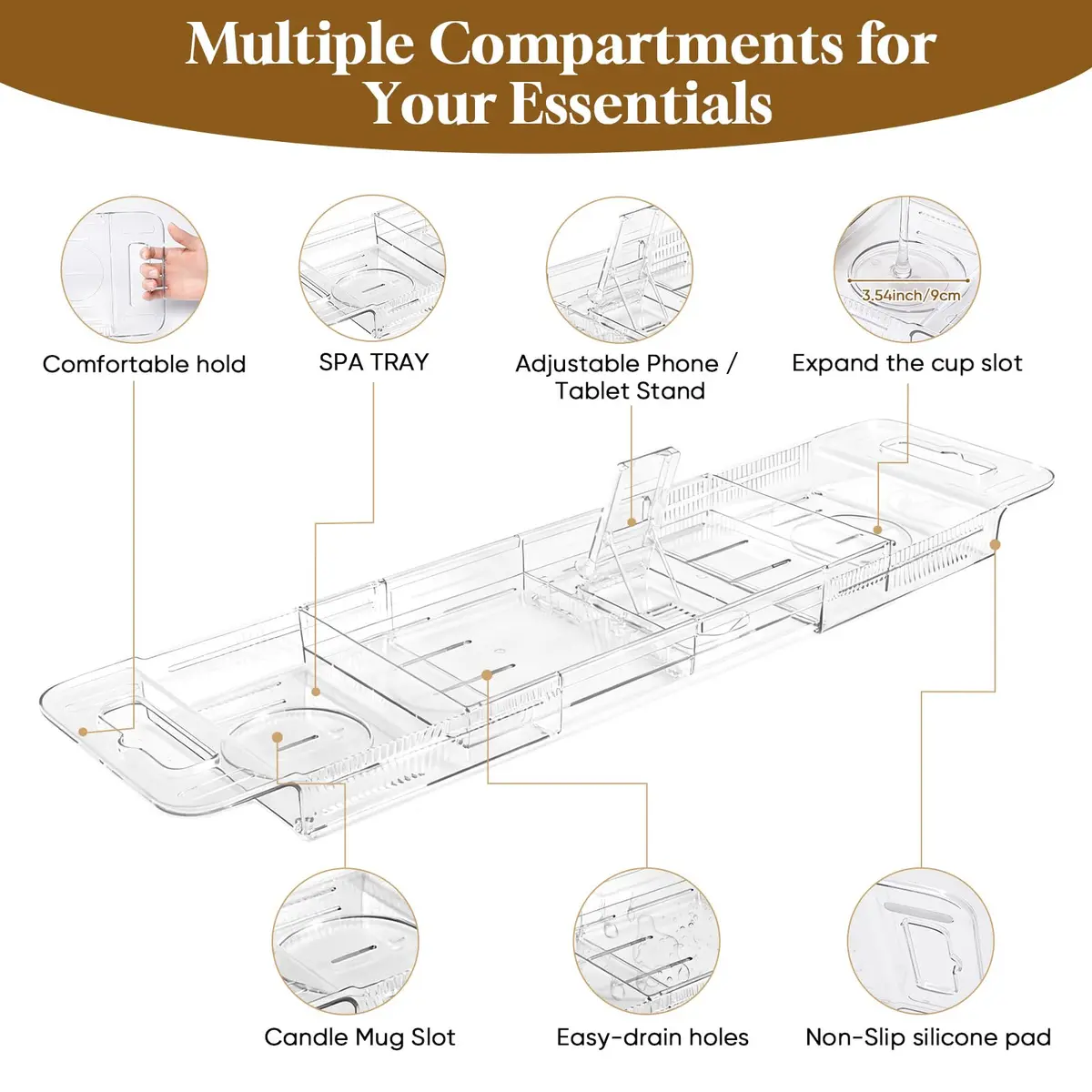 onannos Expandable Clear Acrylic Bathtub Tray Caddy | Foldable Tub Bath Shelf with Drain Slots, Slip-Resistant Waterproof Bathroom Accessory (20-32") - view 4