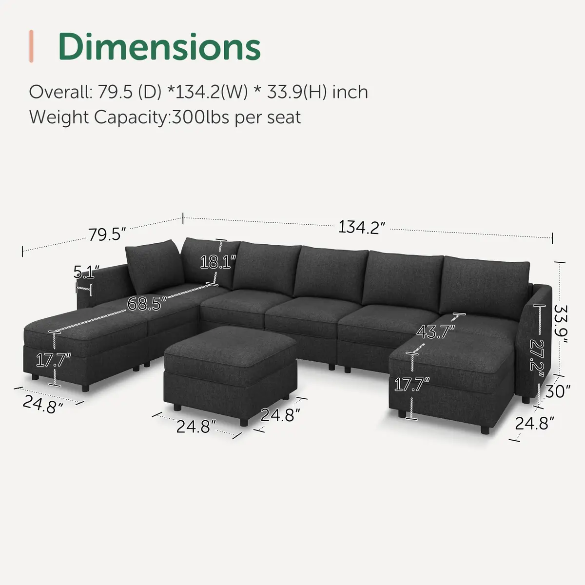 HONBAY Modular Sectional Sofa with Storage Linen Grey | Flexible, Expandable, Pet-Friendly (70-120 chars) - view 7