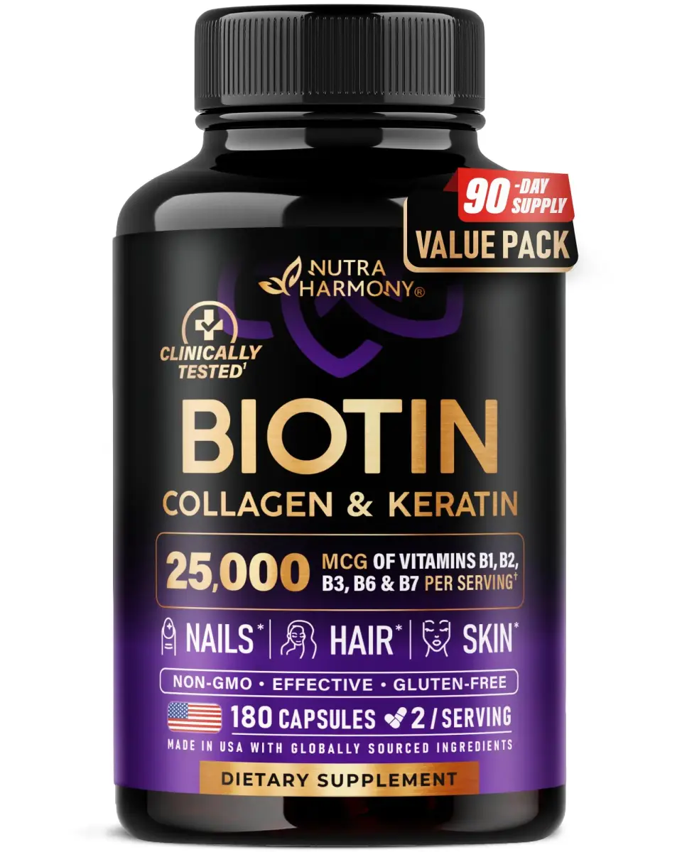 NUTRAHARMONY Biotin, Collagen, Hyaluronic Acid & Keratin Hair Growth Support 180 Capsules | Clinically Tested Formula - main product image