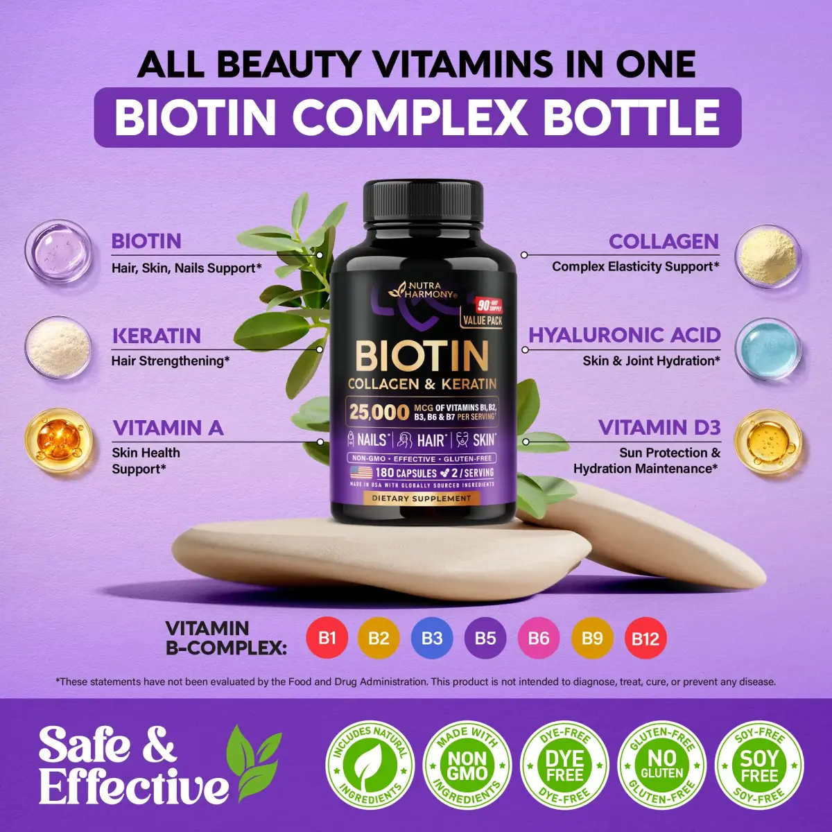 NUTRAHARMONY Biotin, Collagen, Hyaluronic Acid & Keratin Hair Growth Support 180 Capsules | Clinically Tested Formula - view 3