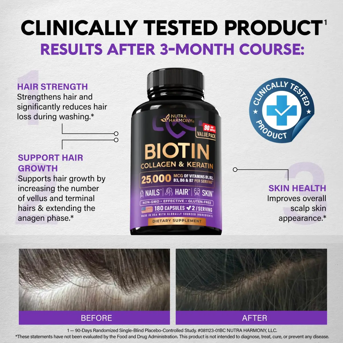 NUTRAHARMONY Biotin, Collagen, Hyaluronic Acid & Keratin Hair Growth Support 180 Capsules | Clinically Tested Formula - view 4