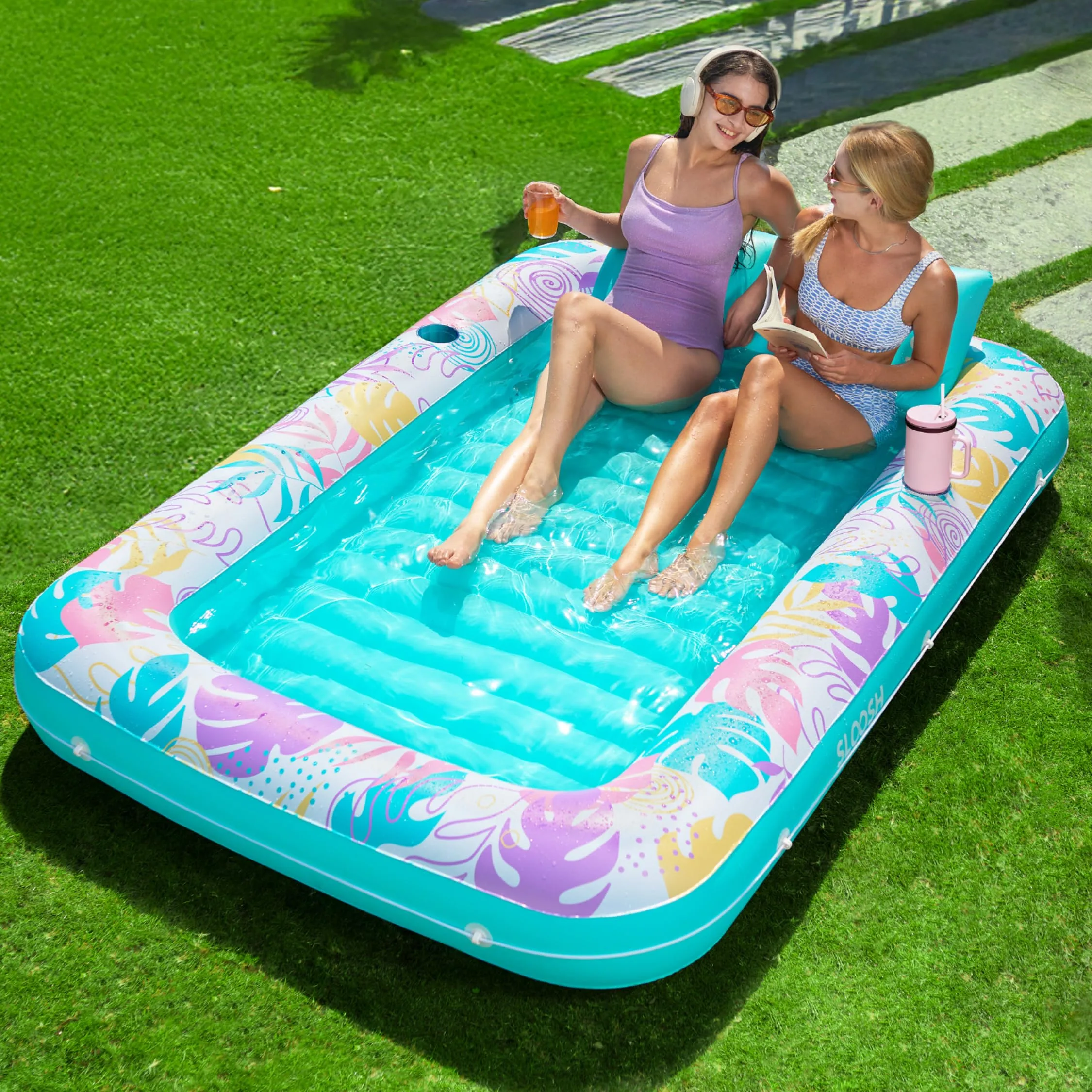 Sloosh Inflatable Tanning Pool Lounger Float, 85" x 57" XL Tropical Blue | Individual Relaxation Oasis - main product image