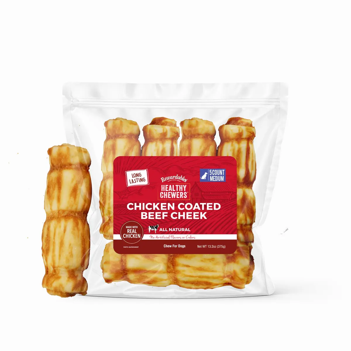 Rewardables Chicken Coated Beef Cheek Rolls for Dogs, 5 Inch, 5 Pack | Long Lasting, Supports Dental Health - main product image