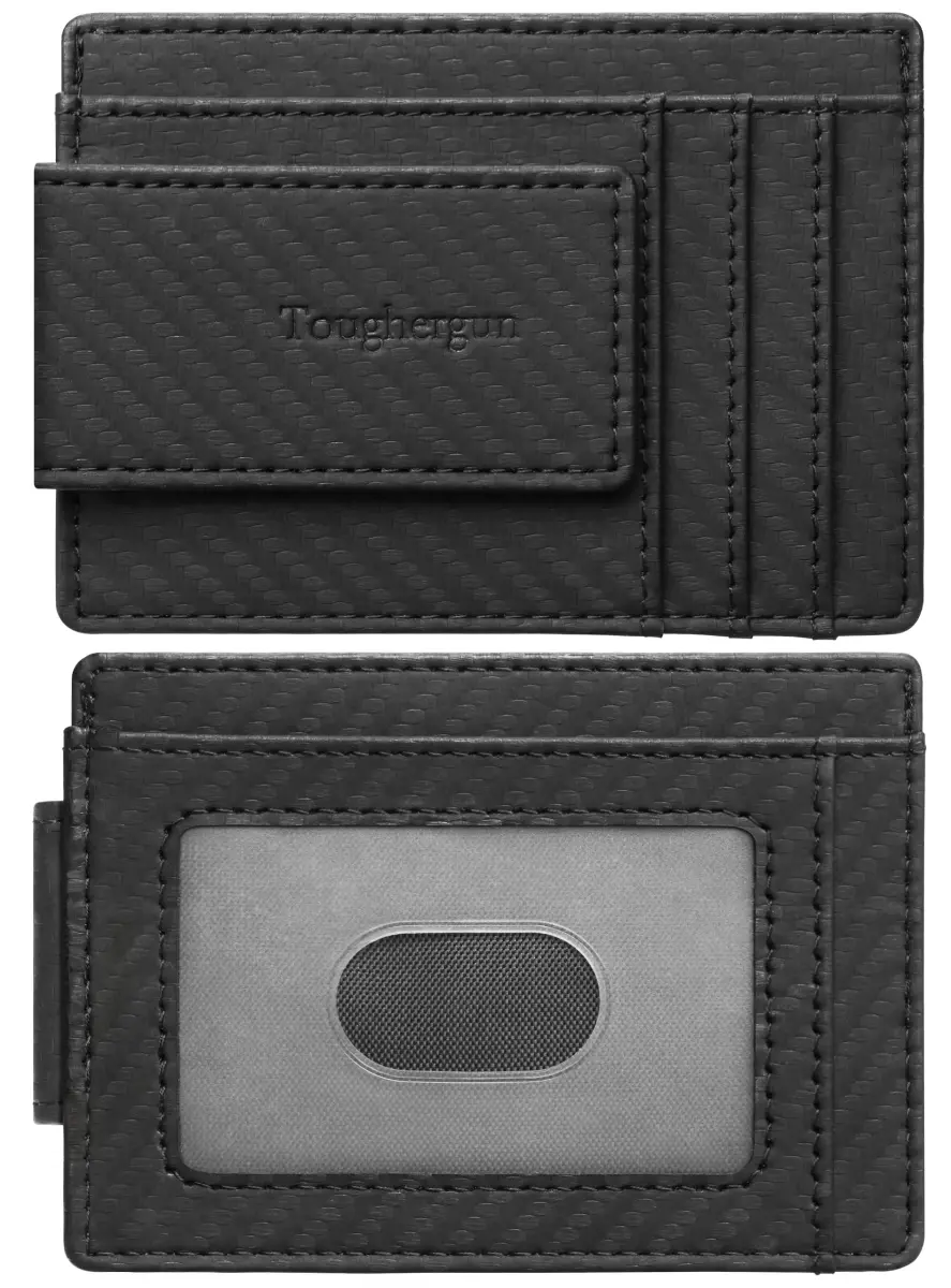 Toughergun Slim Wallet for Men RFID Blocking Money Clip, Minimalist Front Pocket Credit Card Holder, Magnetic Thin Mens Wallets with ID Window (Matte Black Weave) - main product image