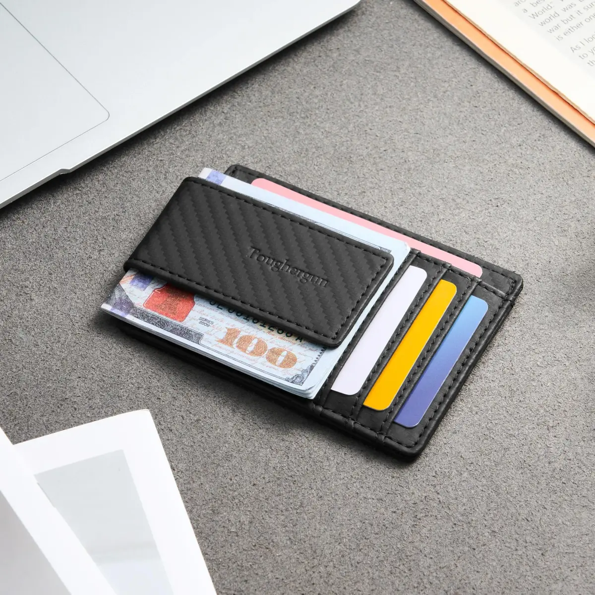 Toughergun Slim Wallet for Men RFID Blocking Money Clip, Minimalist Front Pocket Credit Card Holder, Magnetic Thin Mens Wallets with ID Window (Matte Black Weave) - view 3