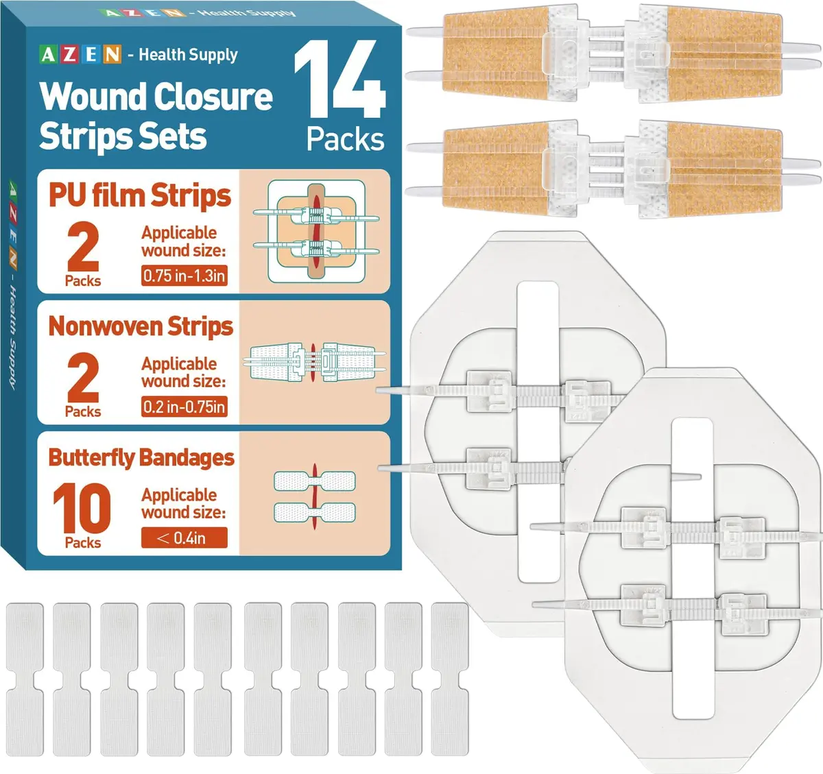 AZEN Emergency Wound Closure Strips 14 Pack (14 Count) | Hypoallergenic Butterfly Bandages for Laceration Repair Without Stitches - main product image