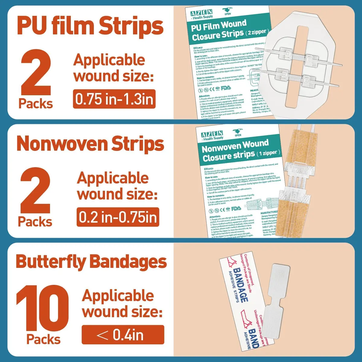AZEN Emergency Wound Closure Strips 14 Pack (14 Count) | Hypoallergenic Butterfly Bandages for Laceration Repair Without Stitches - view 2