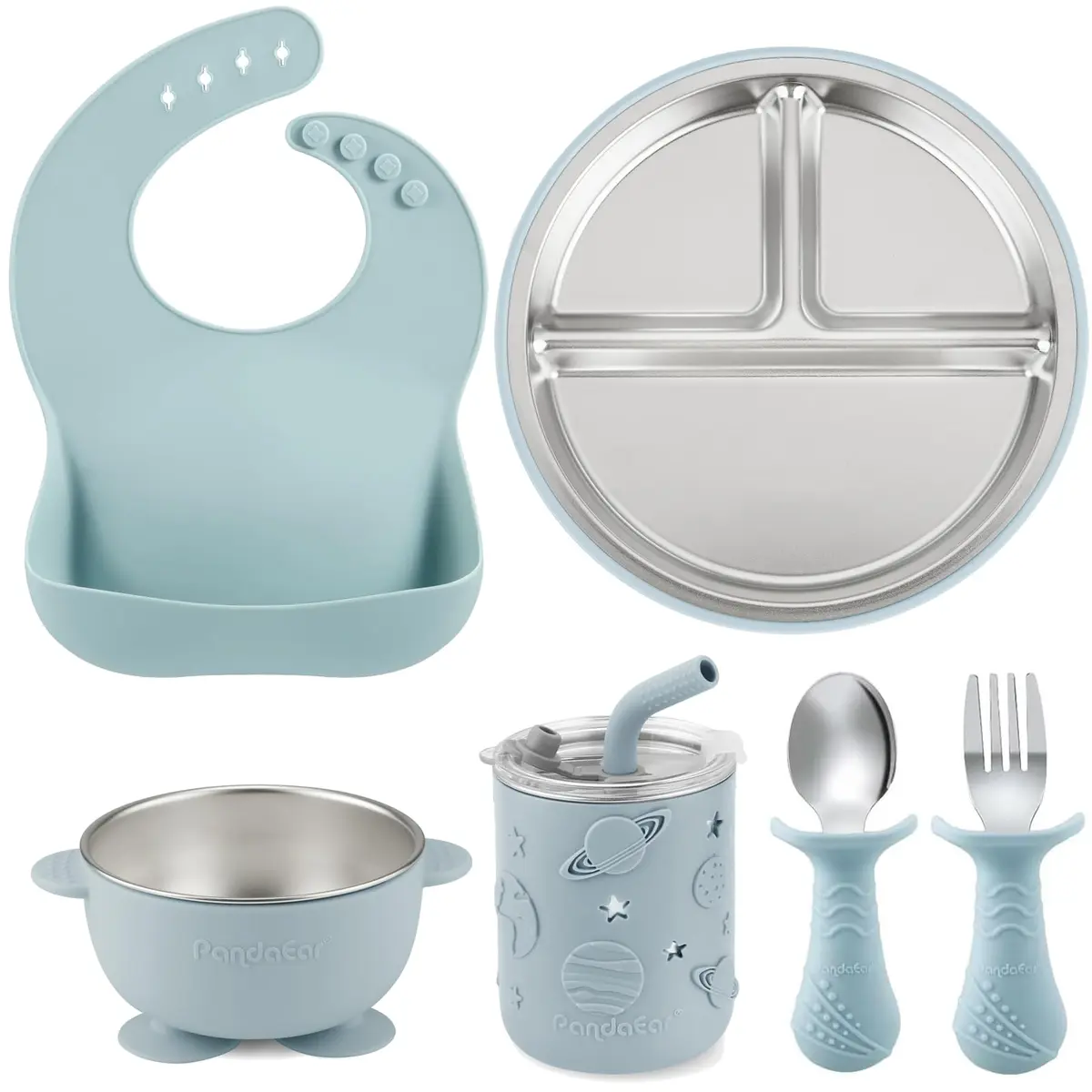 PandaEar 6-in-1 Stainless Steel Baby Feeding Set with Sippy Cup, Bib, Spoon & Fork | Blue, 6 Pieces - main product image