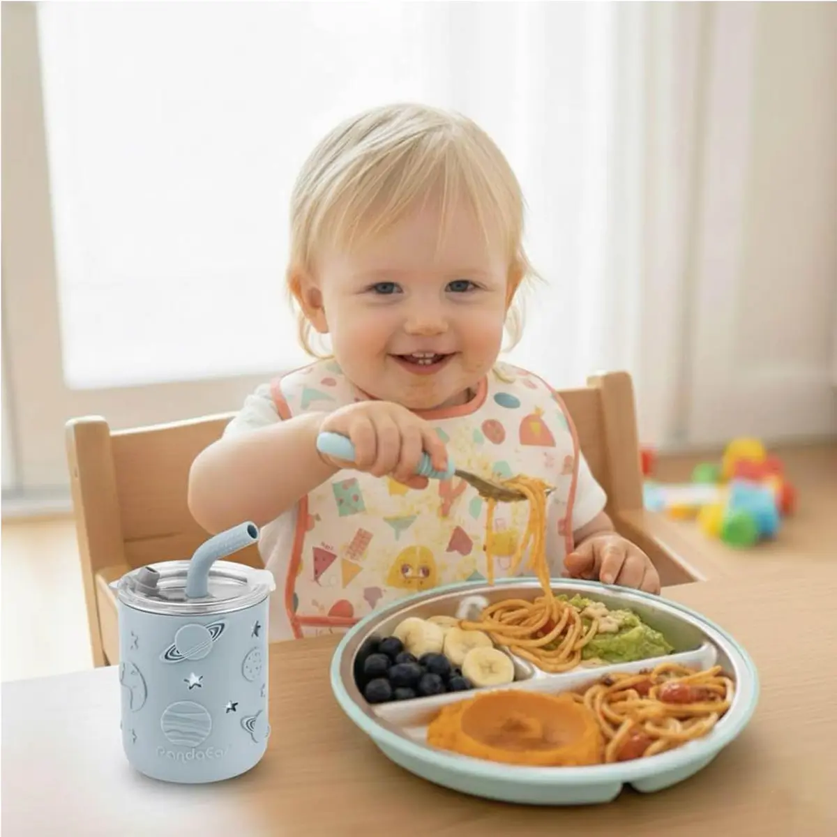 PandaEar 6-in-1 Stainless Steel Baby Feeding Set with Sippy Cup, Bib, Spoon & Fork | Blue, 6 Pieces - view 2