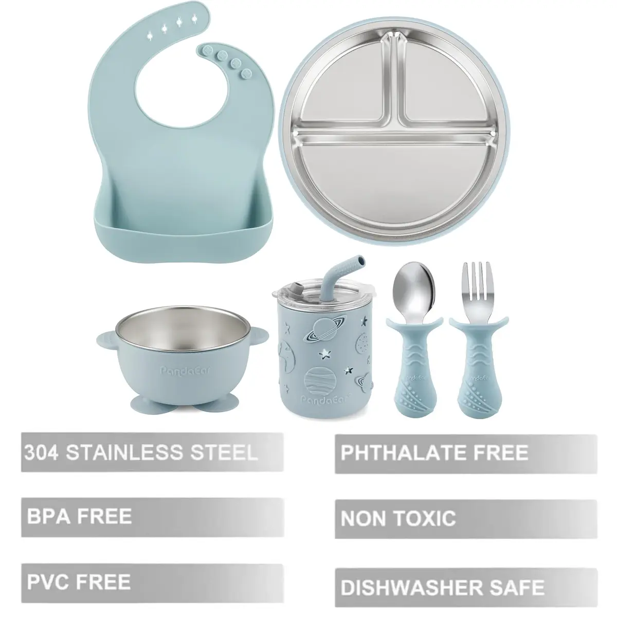 PandaEar 6-in-1 Stainless Steel Baby Feeding Set with Sippy Cup, Bib, Spoon & Fork | Blue, 6 Pieces - view 3