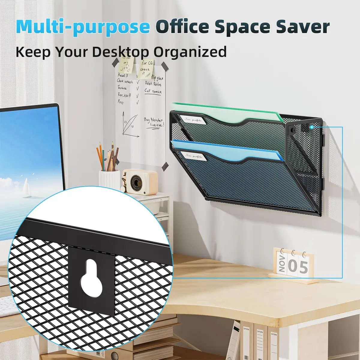 Marbrasse 2-Tier Mesh Wall File Holder with Label Slot | Black, 33cm (13in) Height - view 2
