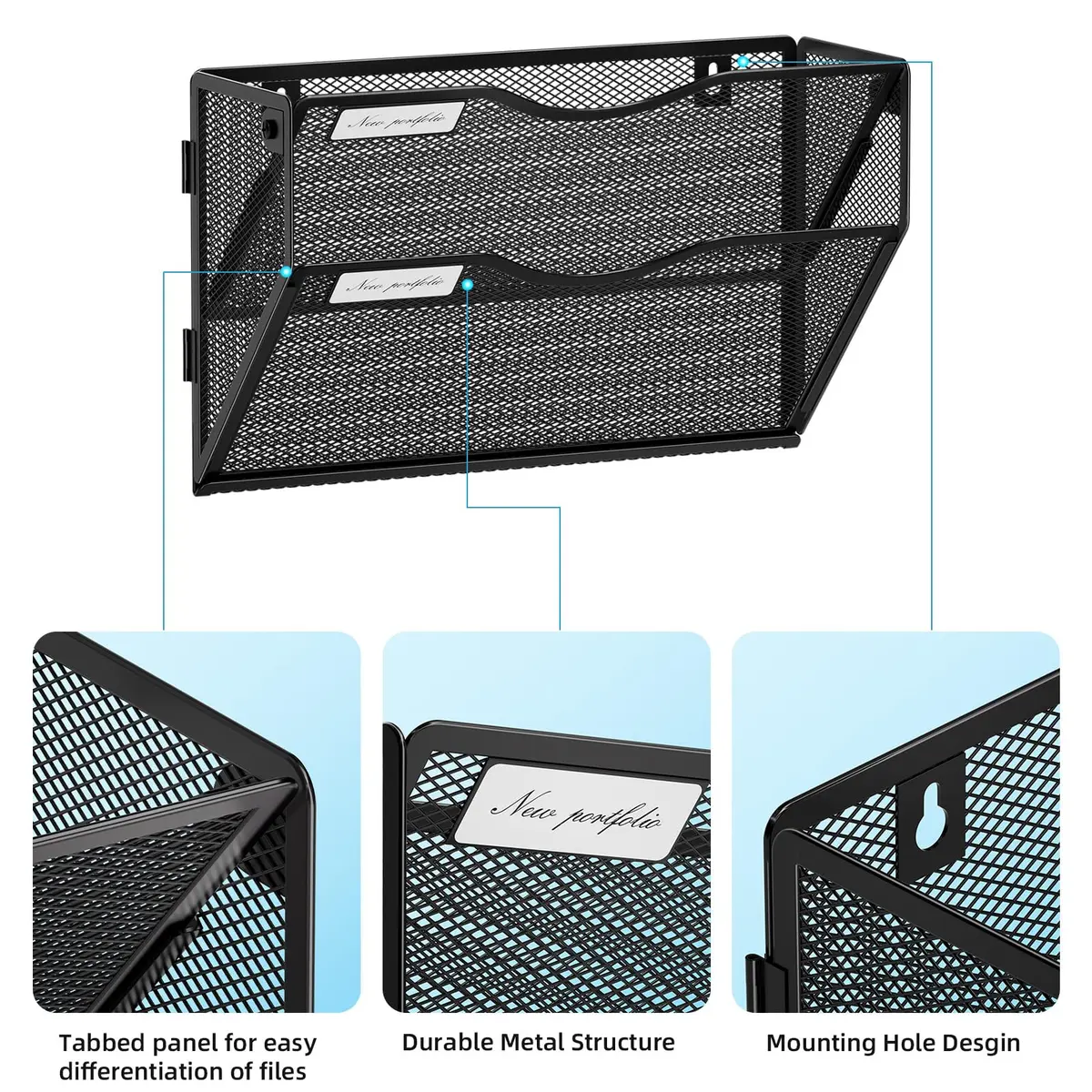 Marbrasse 2-Tier Mesh Wall File Holder with Label Slot | Black, 33cm (13in) Height - view 3