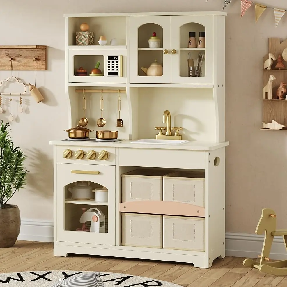 knoworld Wooden Play Kitchen for Kids – Smart Storage with Cabinets & Bins, Modern Toddler Kitchen Playset with Stove, Sink & Accessories, Gift for Ages 3+, White | Realistic, Durable, Safe - main product image