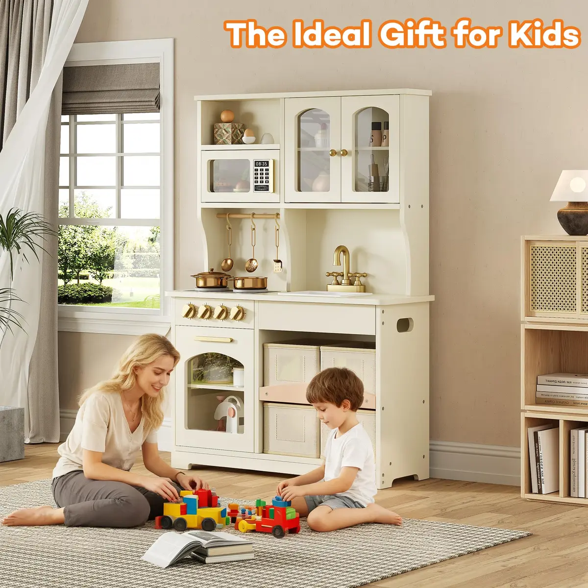 knoworld Wooden Play Kitchen for Kids – Smart Storage with Cabinets & Bins, Modern Toddler Kitchen Playset with Stove, Sink & Accessories, Gift for Ages 3+, White | Realistic, Durable, Safe - view 9