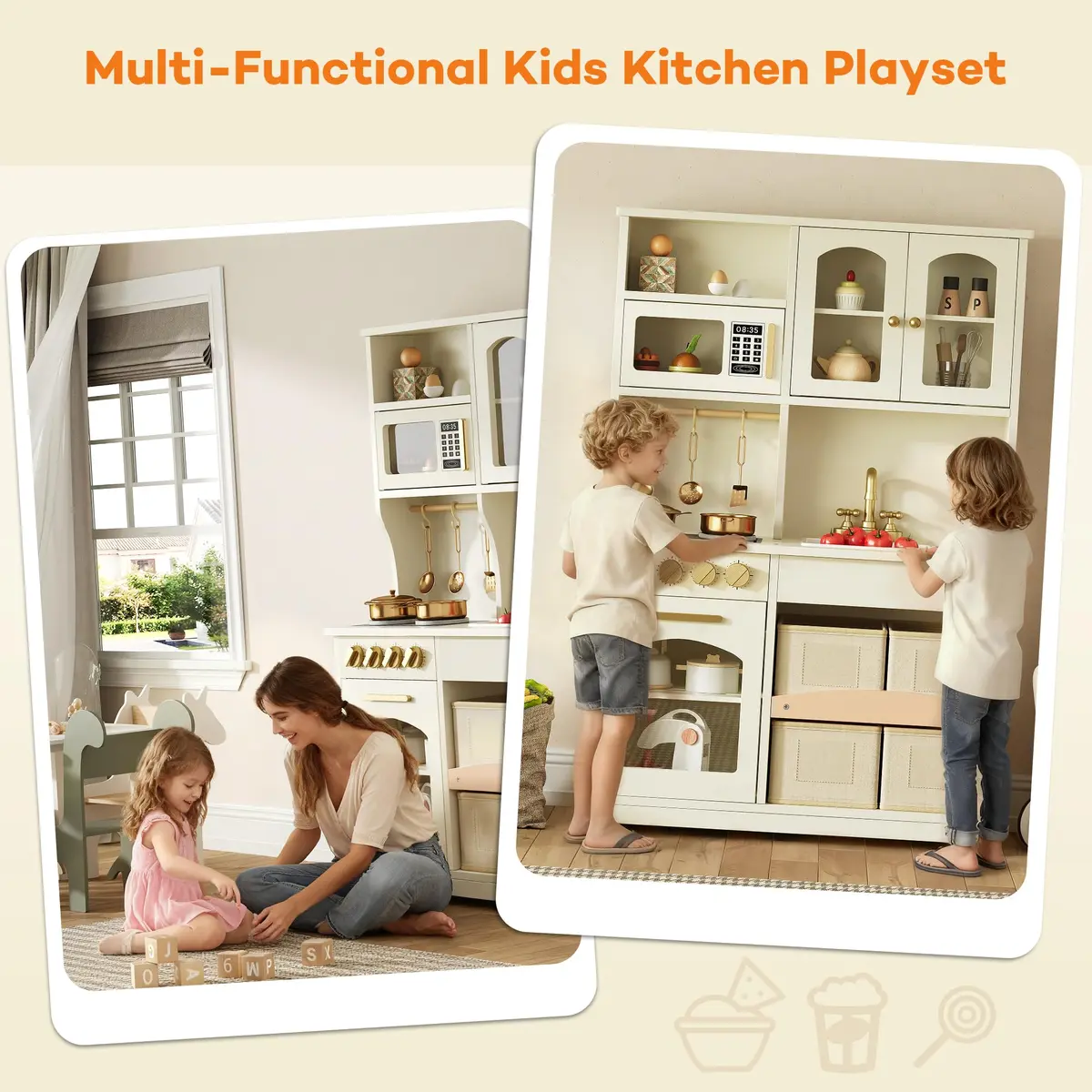 knoworld Wooden Play Kitchen for Kids – Smart Storage with Cabinets & Bins, Modern Toddler Kitchen Playset with Stove, Sink & Accessories, Gift for Ages 3+, White | Realistic, Durable, Safe - view 10