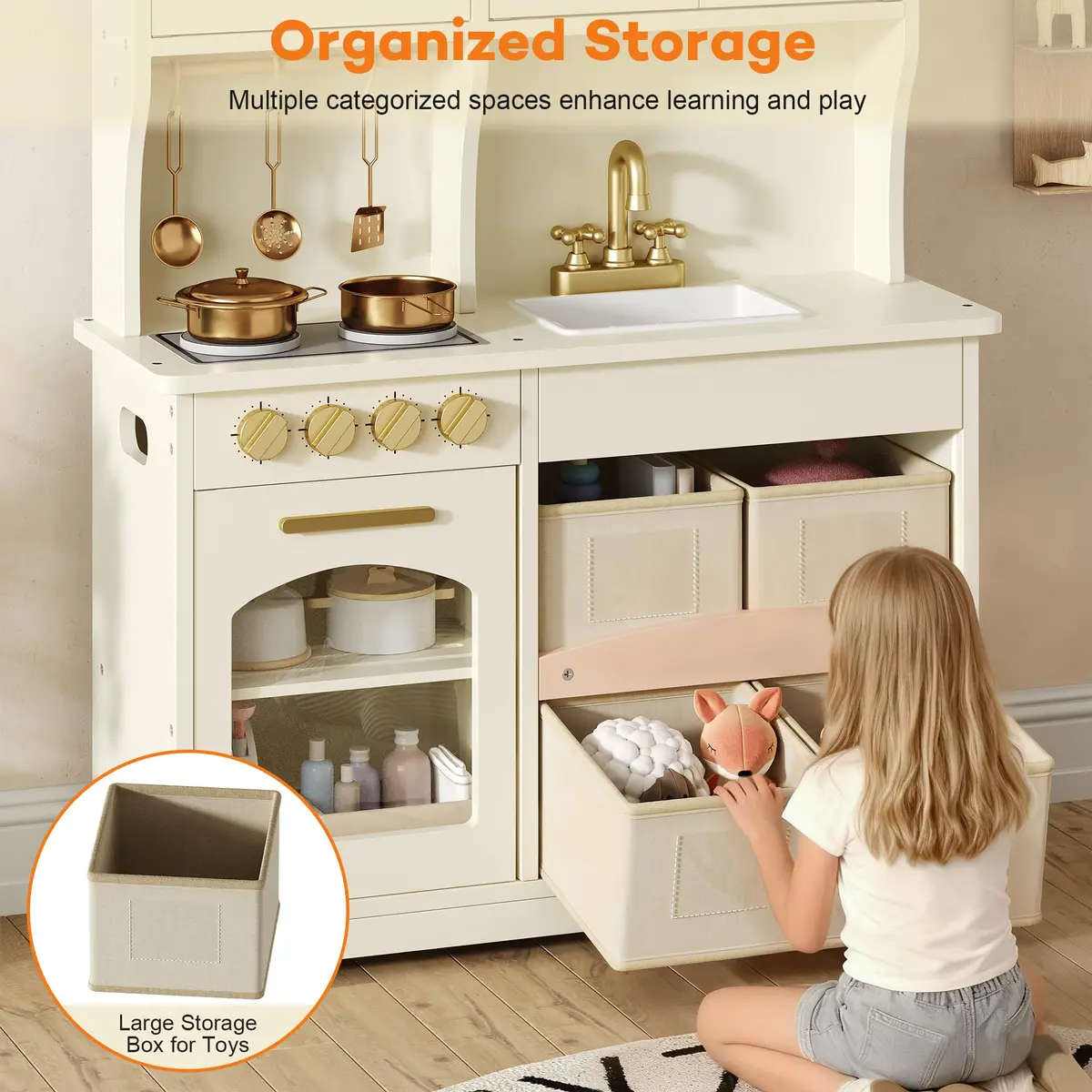 knoworld Wooden Play Kitchen for Kids – Smart Storage with Cabinets & Bins, Modern Toddler Kitchen Playset with Stove, Sink & Accessories, Gift for Ages 3+, White | Realistic, Durable, Safe - view 4