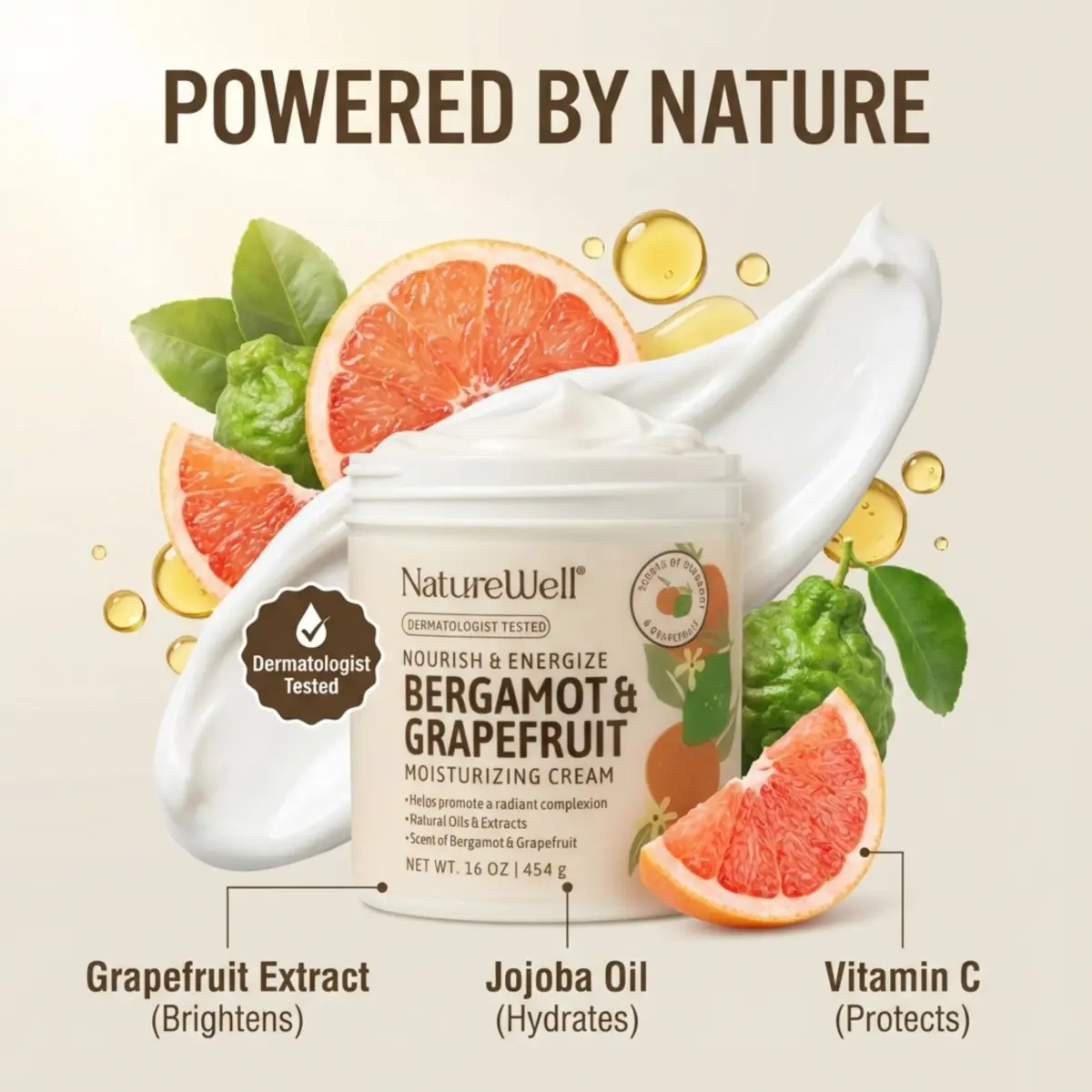 NATURE WELL Bergamot & Grapefruit Nourish & Energize Body Cream 473ml (16 Oz) | Dermatologist Tested for Daily Use - view 3