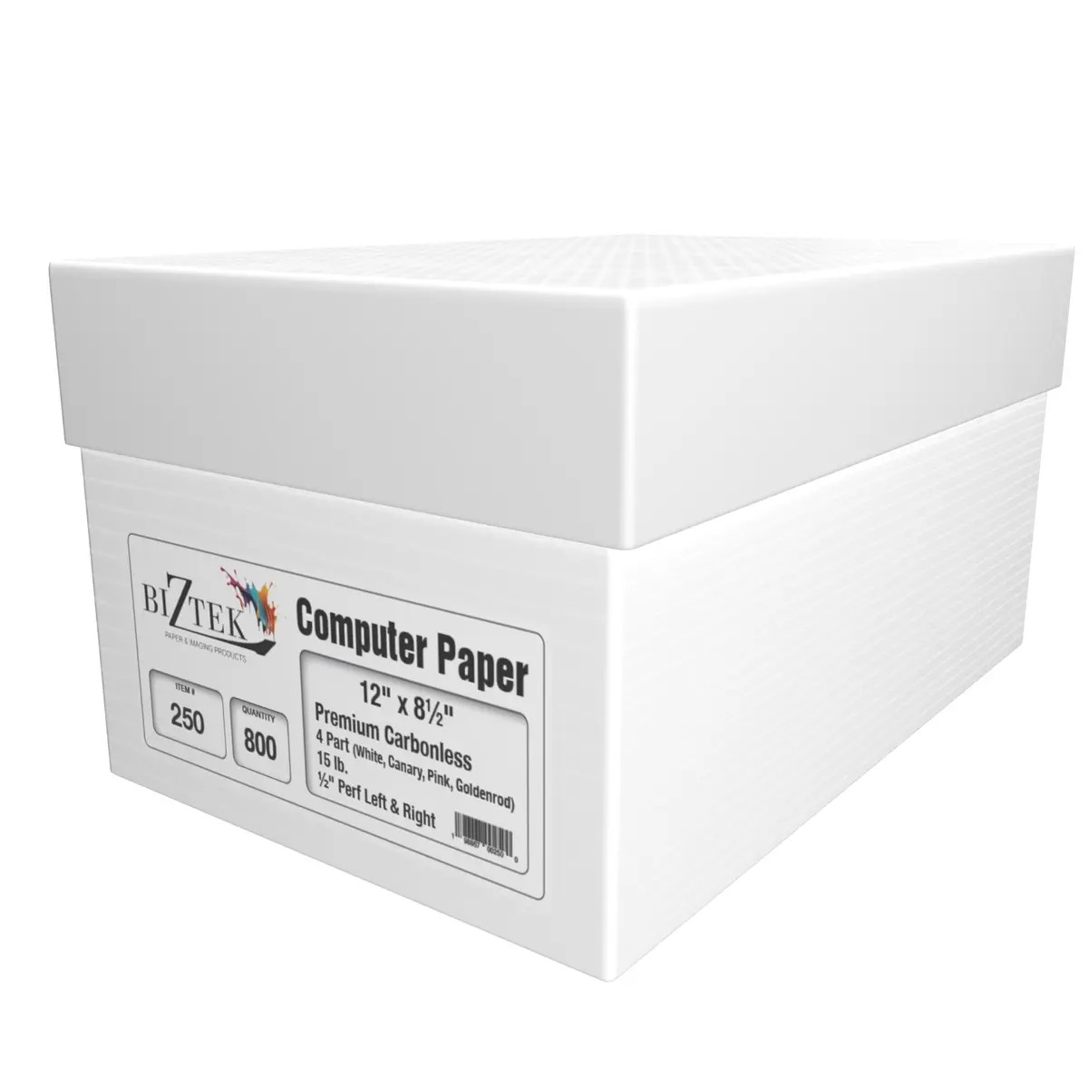 BIZTEK Continuous Carbonless Computer Paper 12 x 8 1/2 | 4-Part White/Canary/Pink/Golden, 15 lb, 800 Sheets - main product image