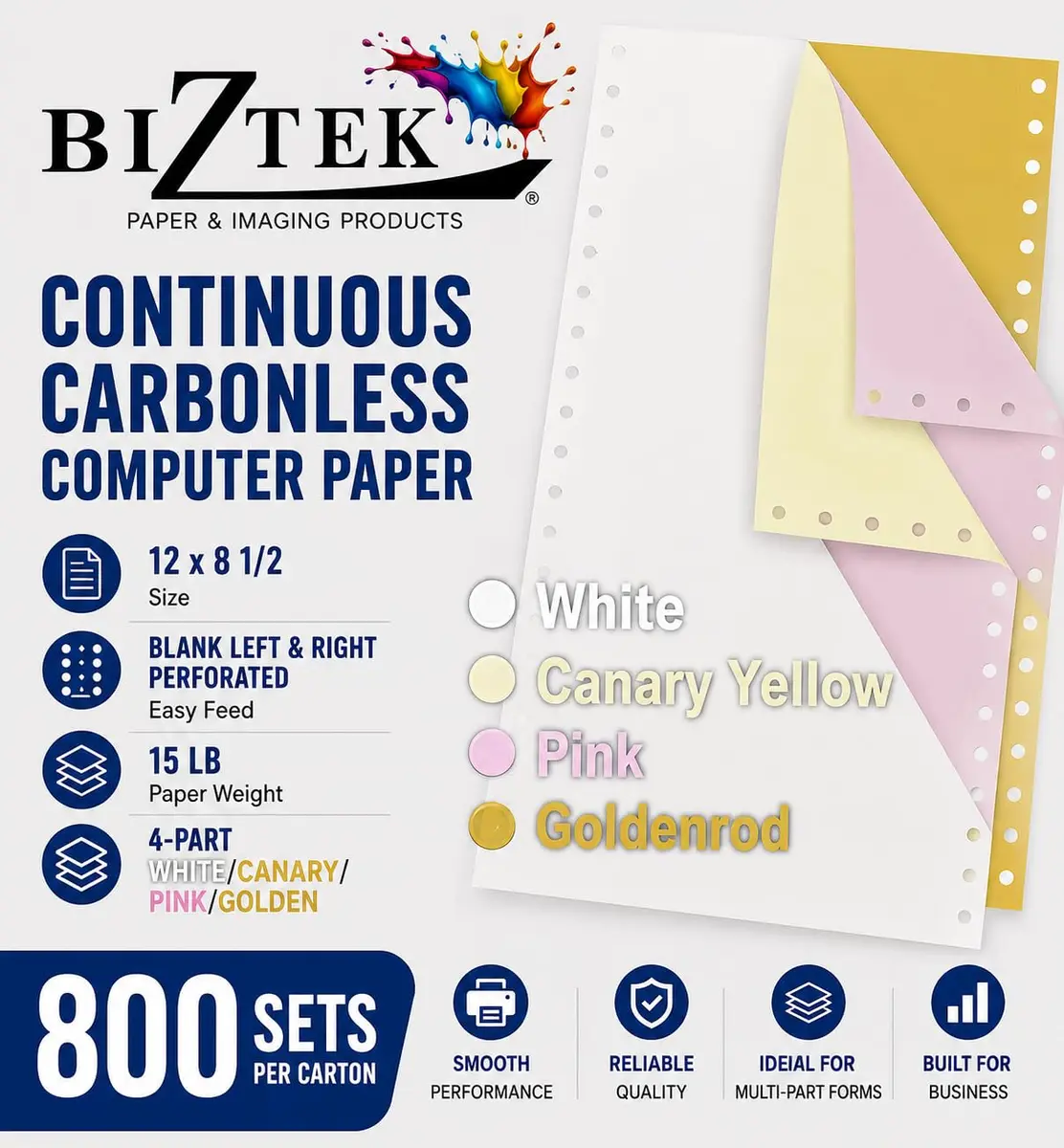 BIZTEK Continuous Carbonless Computer Paper 12 x 8 1/2 | 4-Part White/Canary/Pink/Golden, 15 lb, 800 Sheets - view 2