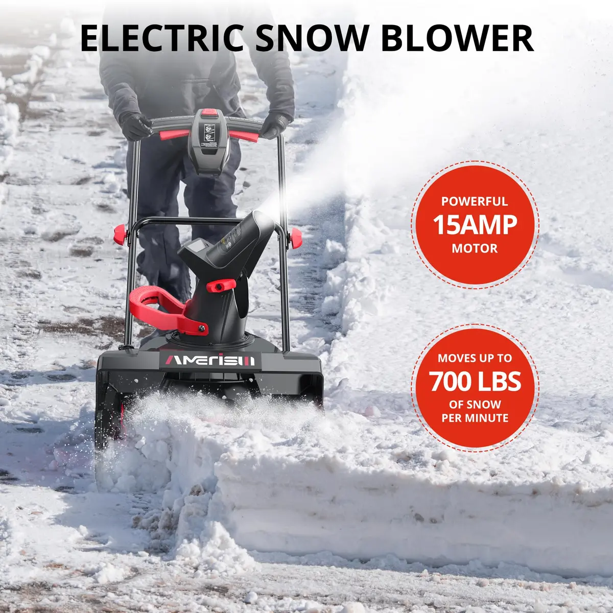 AMERISUN 18" Electric Snow Blower Lightweight for Driveway & Small Yard | 30 FT Throw, 15-Amp Corded Power - view 7
