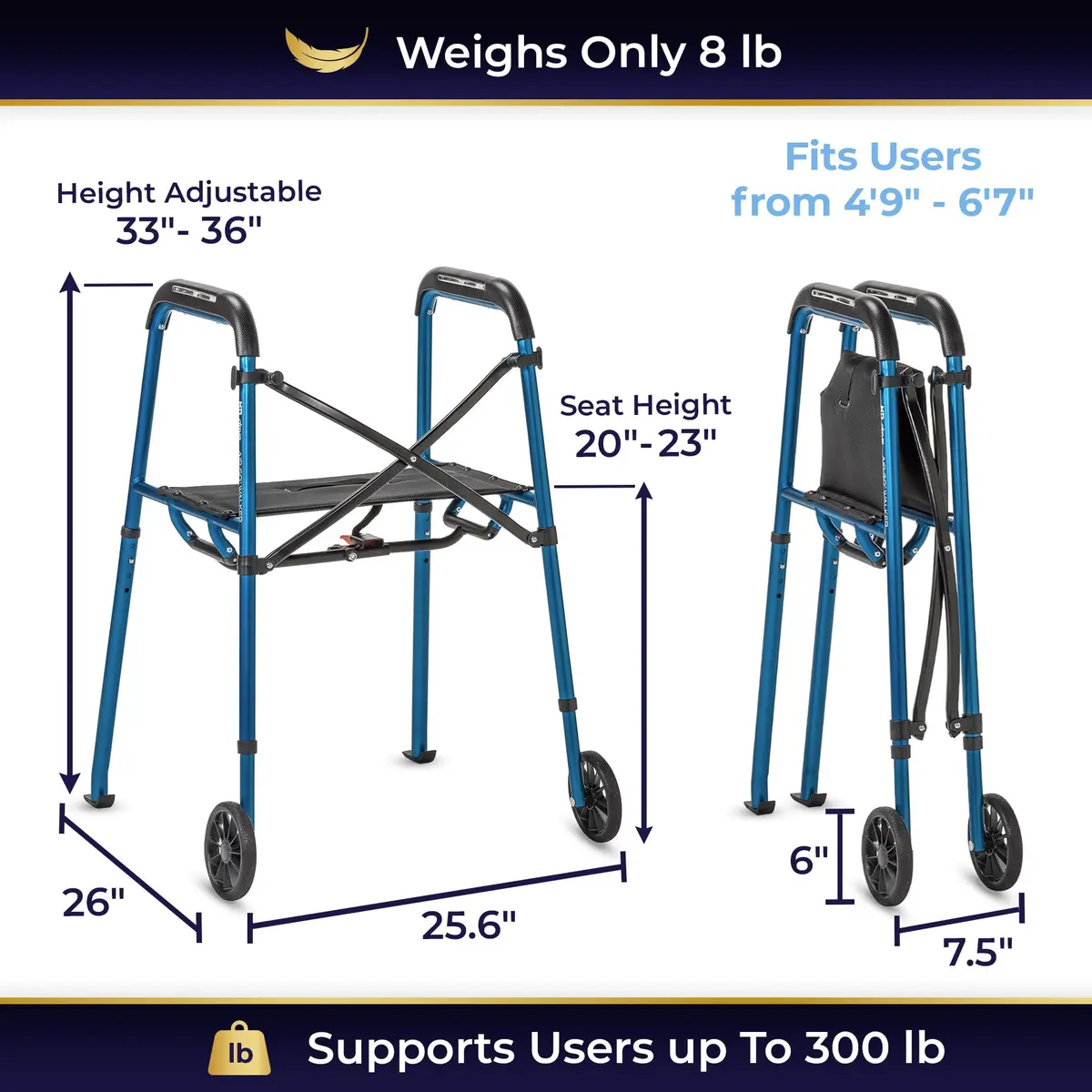 MD by DRIVE Air-Go Foldable Walker with Seat, 300-lb Capacity, Blue | Adjustable, Lightweight & Portable - view 4