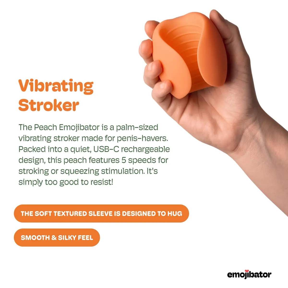 Emojibator Peach Personal Massager for Men | Waterproof, 5 Speeds, Body-Safe Silicone, USB Rechargeable - view 3