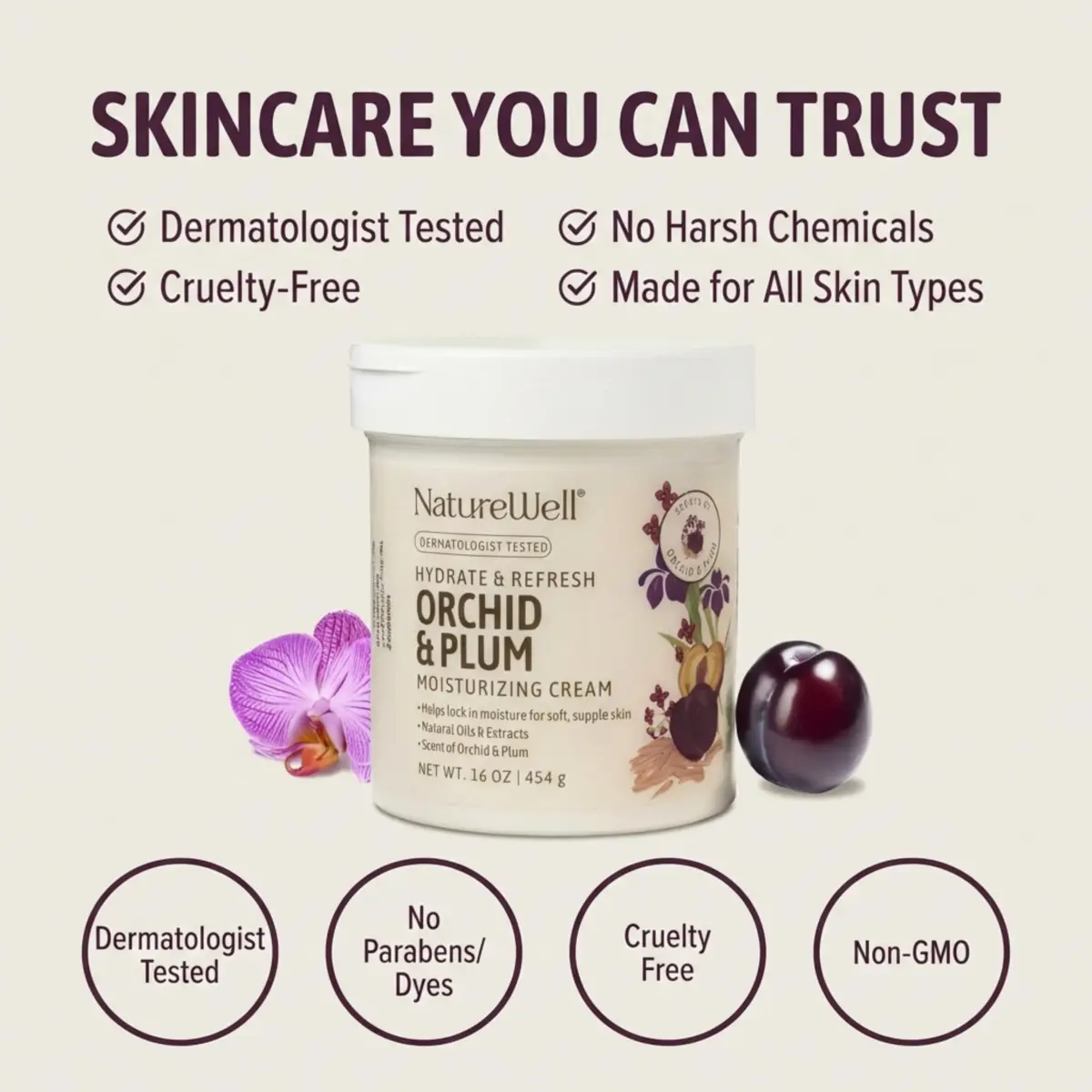 NATURE WELL Orchid & Plum Body Cream 473ml (16 Oz) | Dermatologist Tested Hydration - view 5
