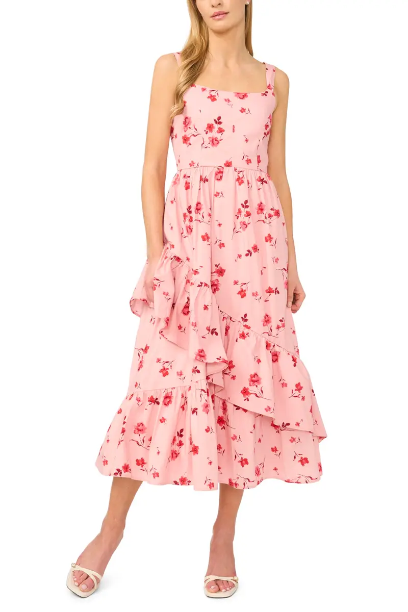 CeCe Floral Corset Asymmetrical Hem Ruffle Midi Dress | Bold Feminine Look in Coral Bloom (97% Cotton, 3% Spandex, 14 US) - main product image