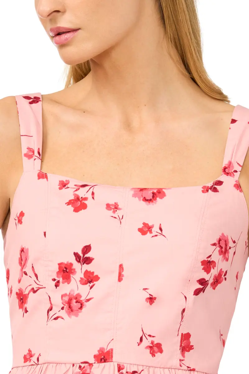 CeCe Floral Corset Asymmetrical Hem Ruffle Midi Dress | Bold Feminine Look in Coral Bloom (97% Cotton, 3% Spandex, 14 US) - view 2
