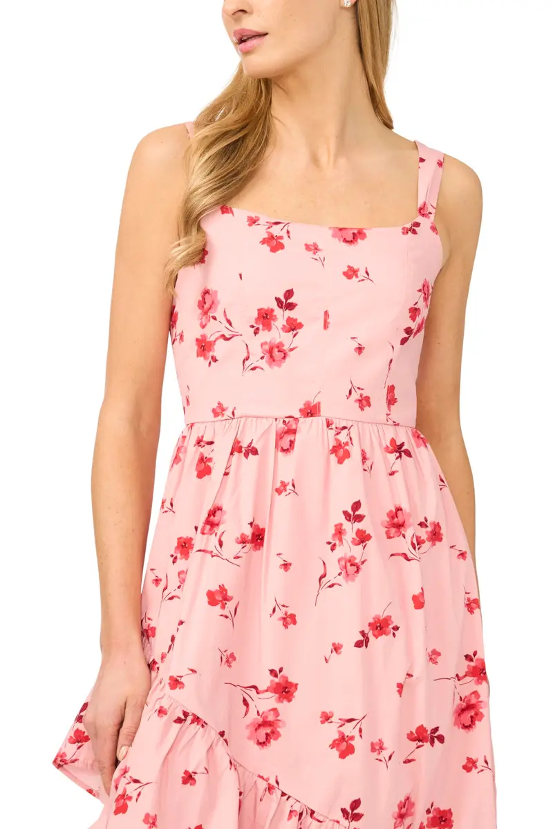 CeCe Floral Corset Asymmetrical Hem Ruffle Midi Dress | Bold Feminine Look in Coral Bloom (97% Cotton, 3% Spandex, 14 US) - view 3