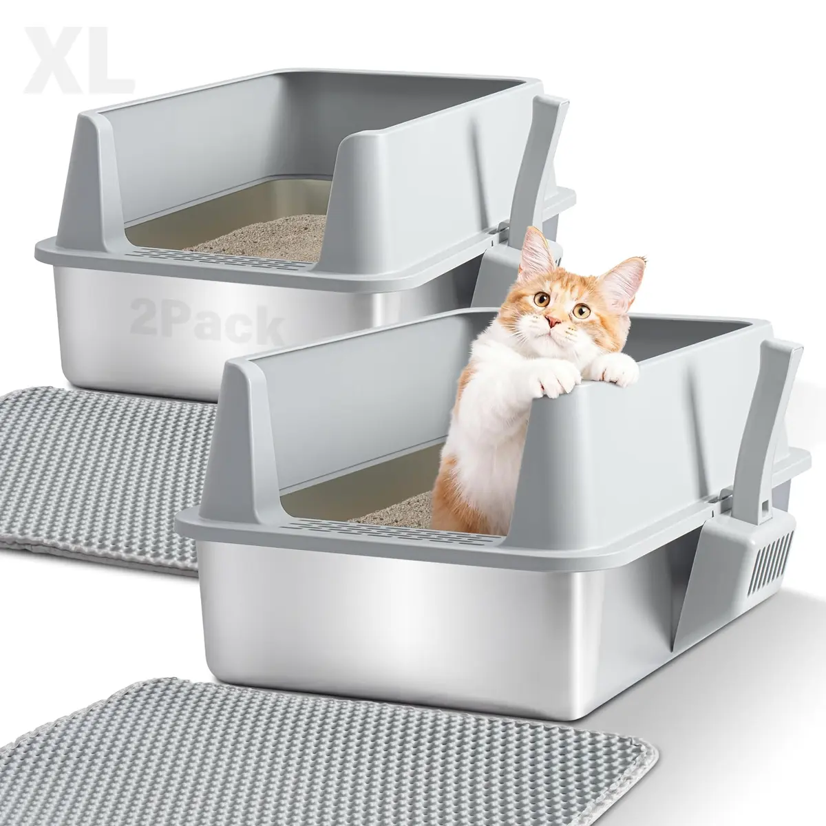 Exovyn 2 Pack Stainless Steel Litter Box XL with Lid | Odor-Resistant & Scratch-Proof for Big Cats - main product image