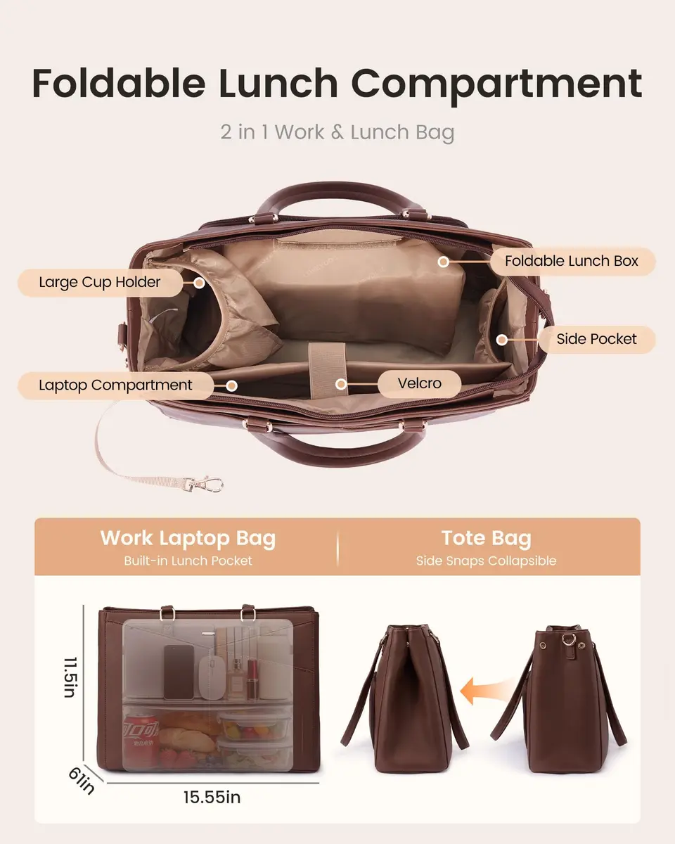 LOVEVOOK Lunch Tote Bag for Women, 15.6 in | Leakproof Cooler & Laptop Bag, Cinnamon - view 6