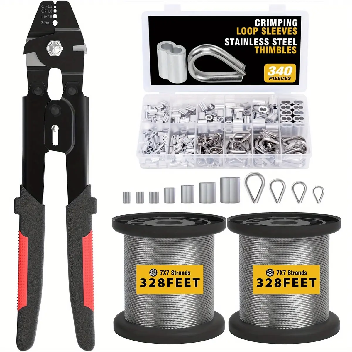 Sanuke Wire Rope Crimping Kit with 656ft 1/16" 304 Stainless Steel Cable, Aluminum Crimp Sleeves & Thimbles - main product image