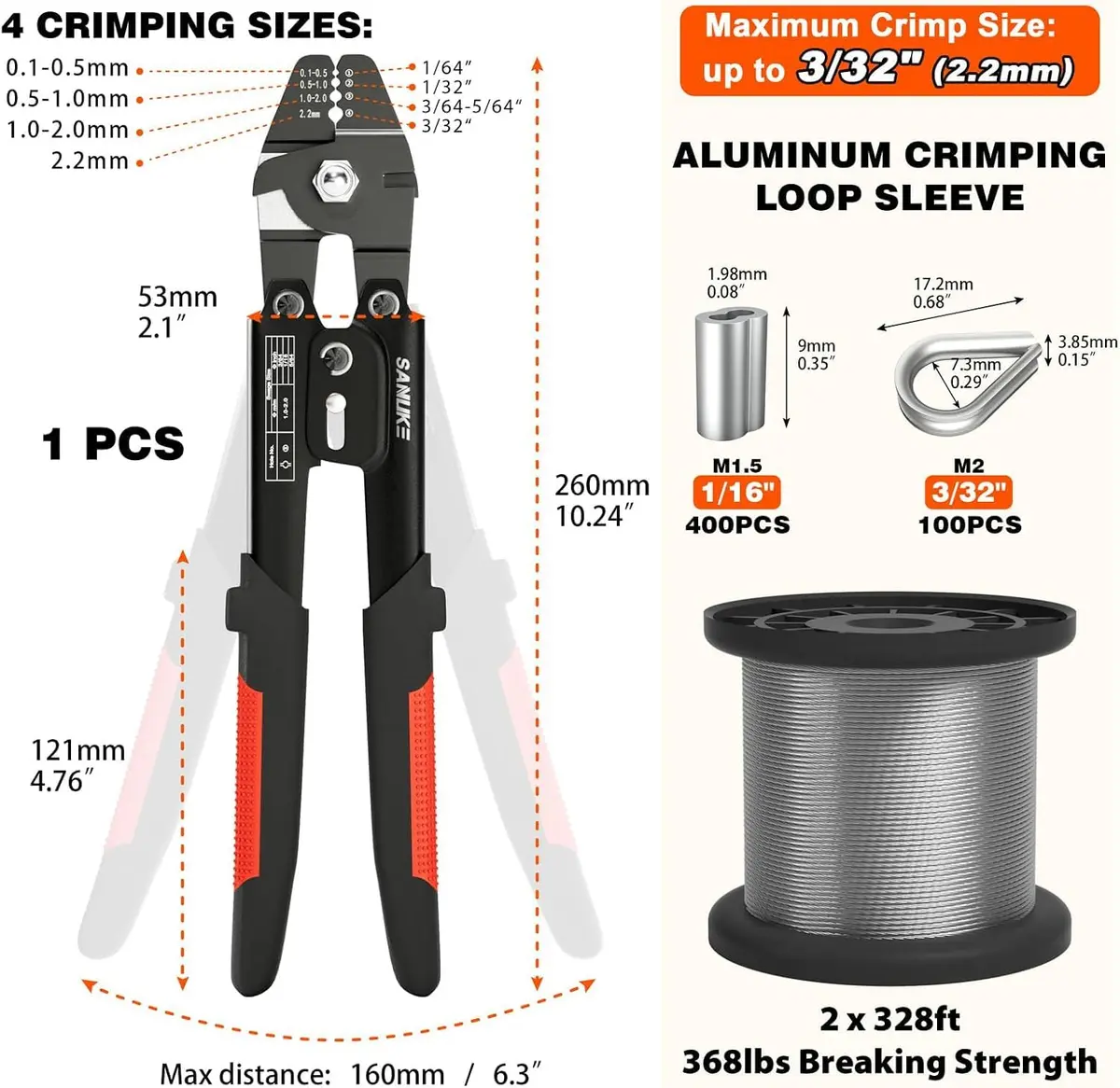 Sanuke Wire Rope Crimping Kit with 656ft 1/16" 304 Stainless Steel Cable, Aluminum Crimp Sleeves & Thimbles - view 2