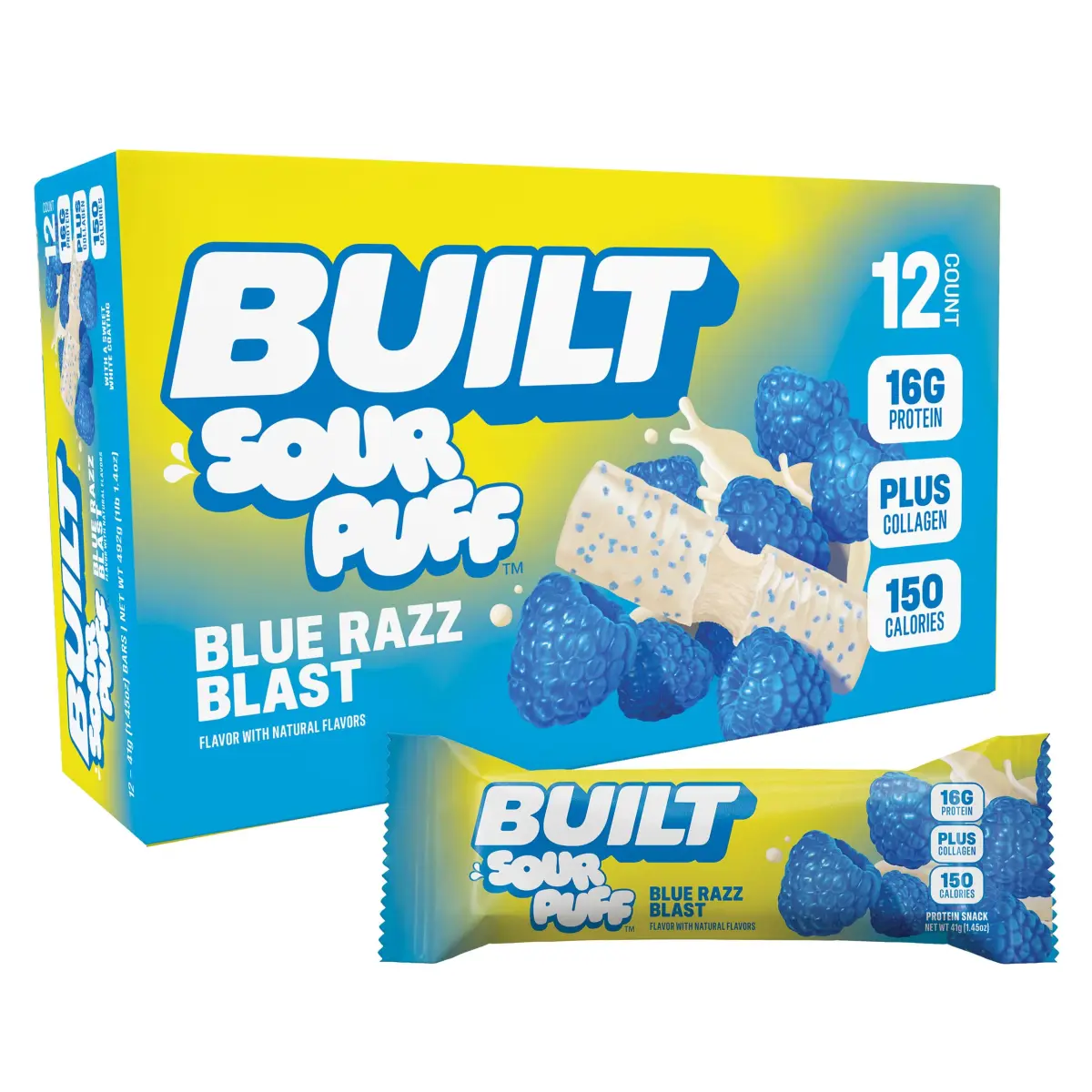 BUILT Sour Puff Protein Bar Blue Razz Blast 12 Count | 16g Protein Snack Bar with Collagen - main product image
