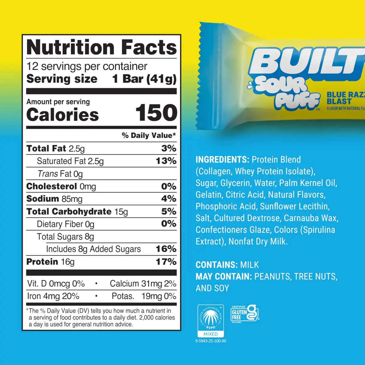 BUILT Sour Puff Protein Bar Blue Razz Blast 12 Count | 16g Protein Snack Bar with Collagen - view 4