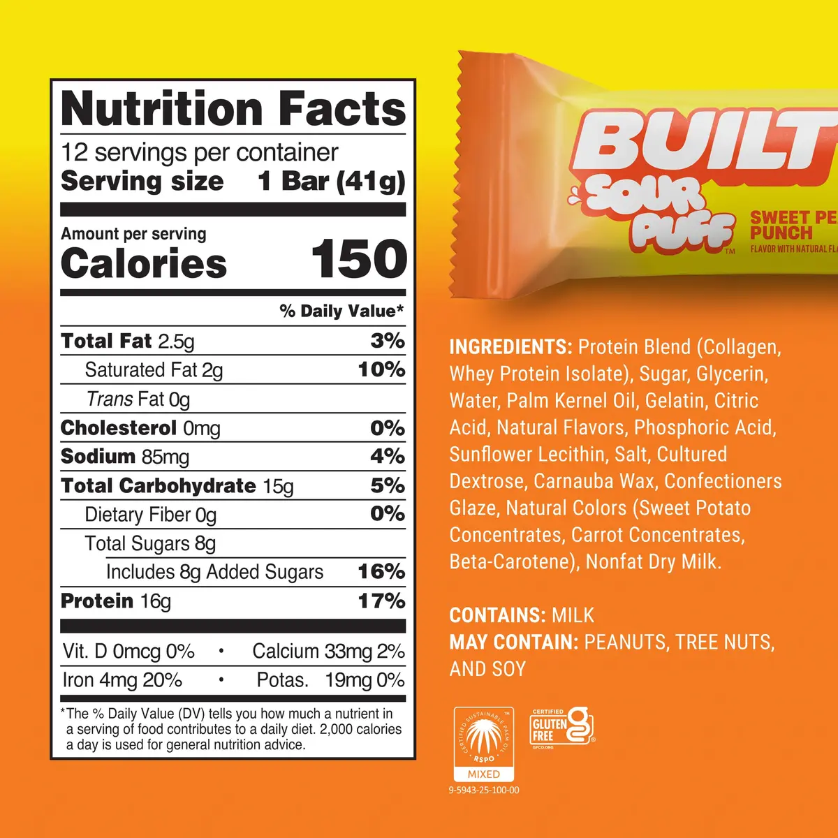Built Bar Sour Puff Protein Bar Sweet Peach Punch 16g Protein 12 Bars | High Protein Snack Bar - view 4