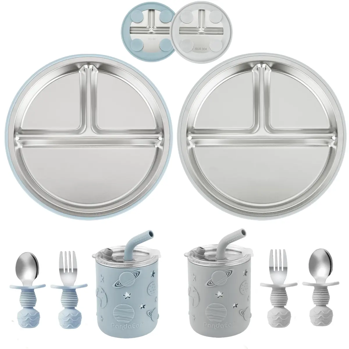 PandaEar Stainless Steel Baby Feeding Set | 2 Divided Plates, 2 Straw Cups, 2 Utensil Sets | BPA-Free, Dishwasher Safe (Blue & Grey) - main product image