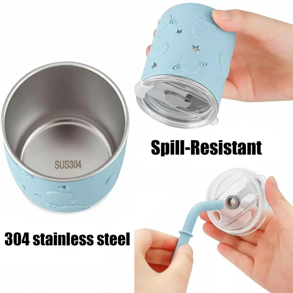 PandaEar Stainless Steel Baby Feeding Set | 2 Divided Plates, 2 Straw Cups, 2 Utensil Sets | BPA-Free, Dishwasher Safe (Blue & Grey) - view 5