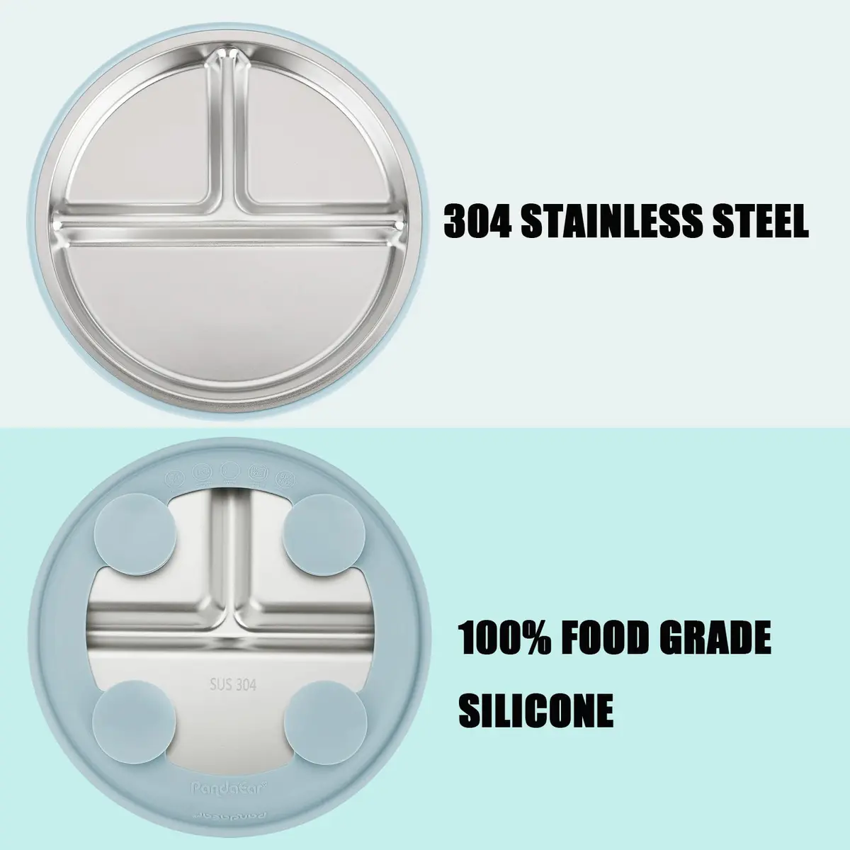 PandaEar Stainless Steel Baby Feeding Set | 2 Divided Plates, 2 Straw Cups, 2 Utensil Sets | BPA-Free, Dishwasher Safe (Blue & Grey) - view 6