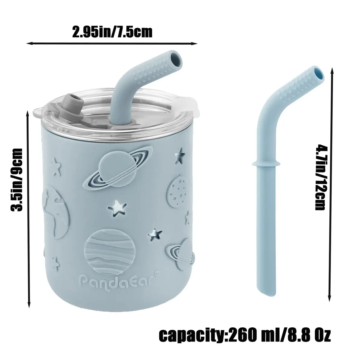 PandaEar Stainless Steel Baby Feeding Set | 2 Divided Plates, 2 Straw Cups, 2 Utensil Sets | BPA-Free, Dishwasher Safe (Blue & Grey) - view 8