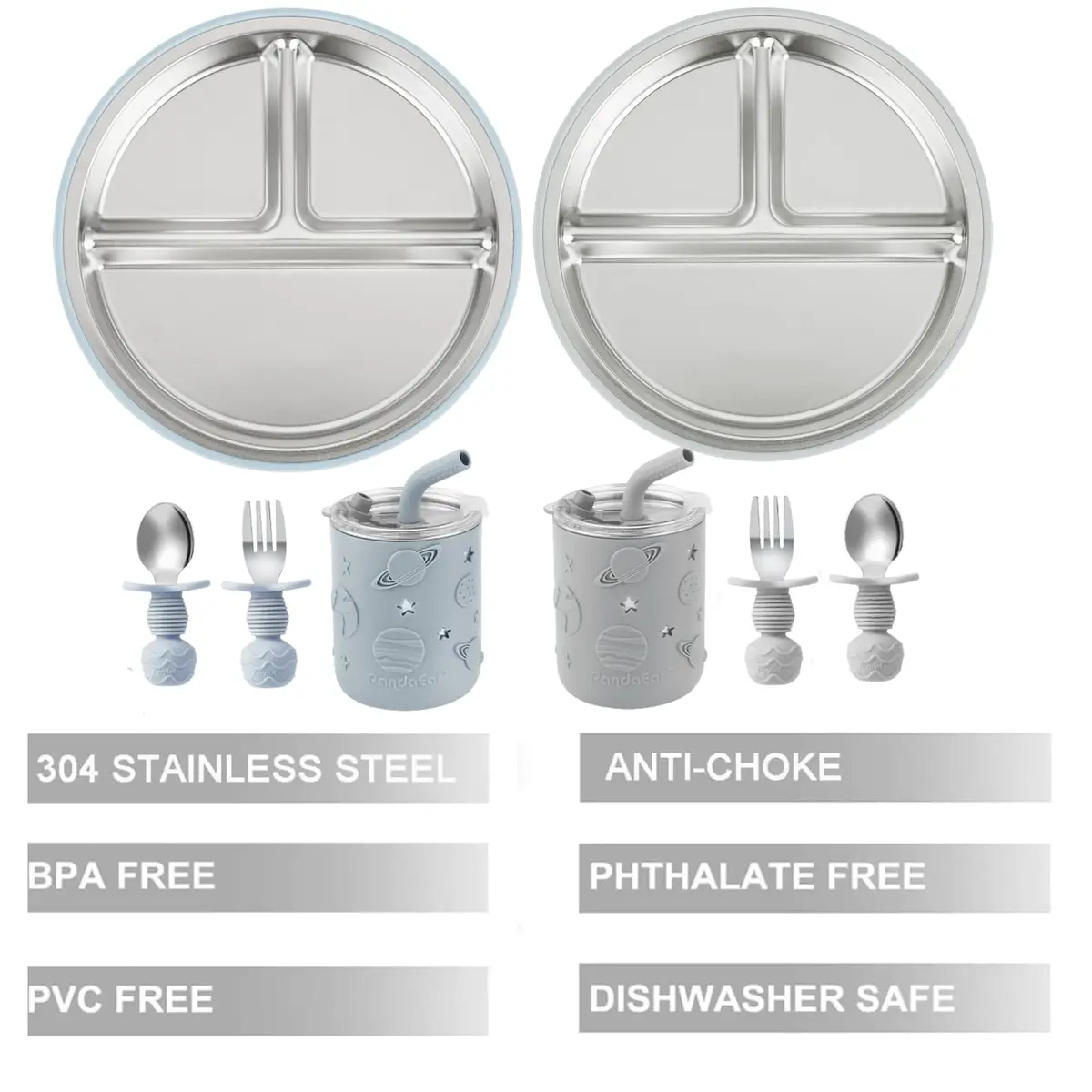 PandaEar Stainless Steel Baby Feeding Set | 2 Divided Plates, 2 Straw Cups, 2 Utensil Sets | BPA-Free, Dishwasher Safe (Blue & Grey) - view 3