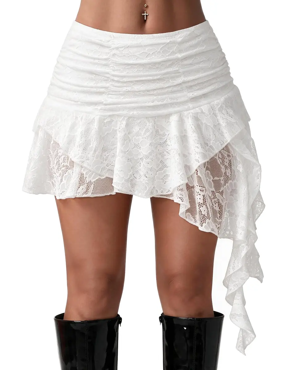 Avidlove Women's Y2K Mini Skirt Ruffle Lace Asymmetrical Flowy Skirt White | Lightweight, Breathable, Soft - main product image