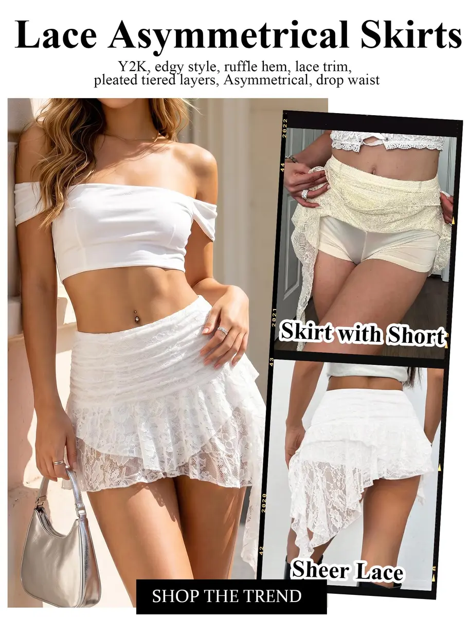 Avidlove Women's Y2K Mini Skirt Ruffle Lace Asymmetrical Flowy Skirt White | Lightweight, Breathable, Soft - view 4