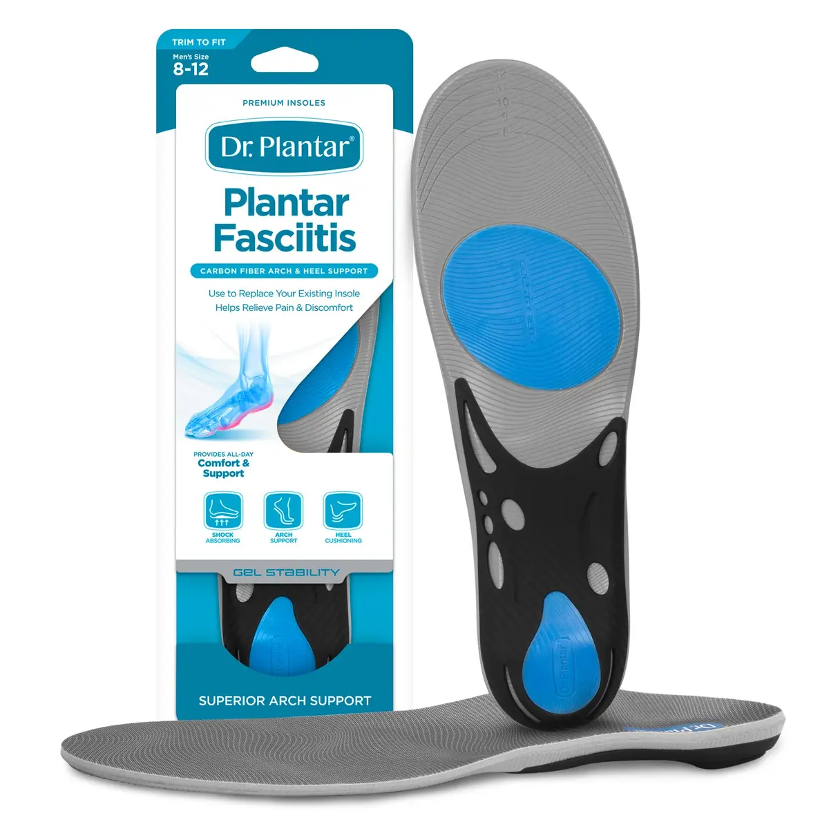 Dr. Plantar Insoles for Men | Arch Support, Heel Cushion, Memory Foam, Gel Stabilizers, Sizes 8-12 - main product image
