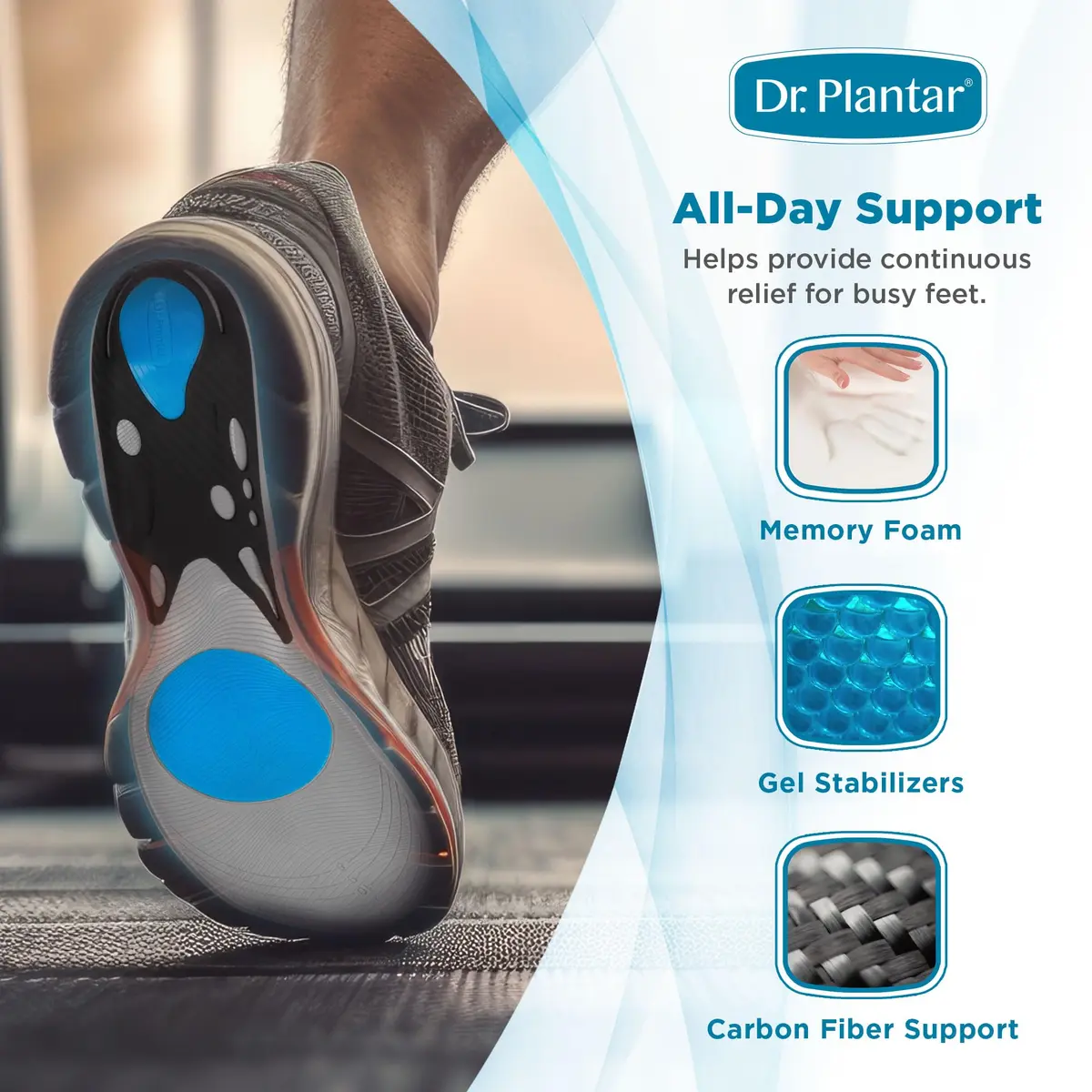 Dr. Plantar Insoles for Men | Arch Support, Heel Cushion, Memory Foam, Gel Stabilizers, Sizes 8-12 - view 5