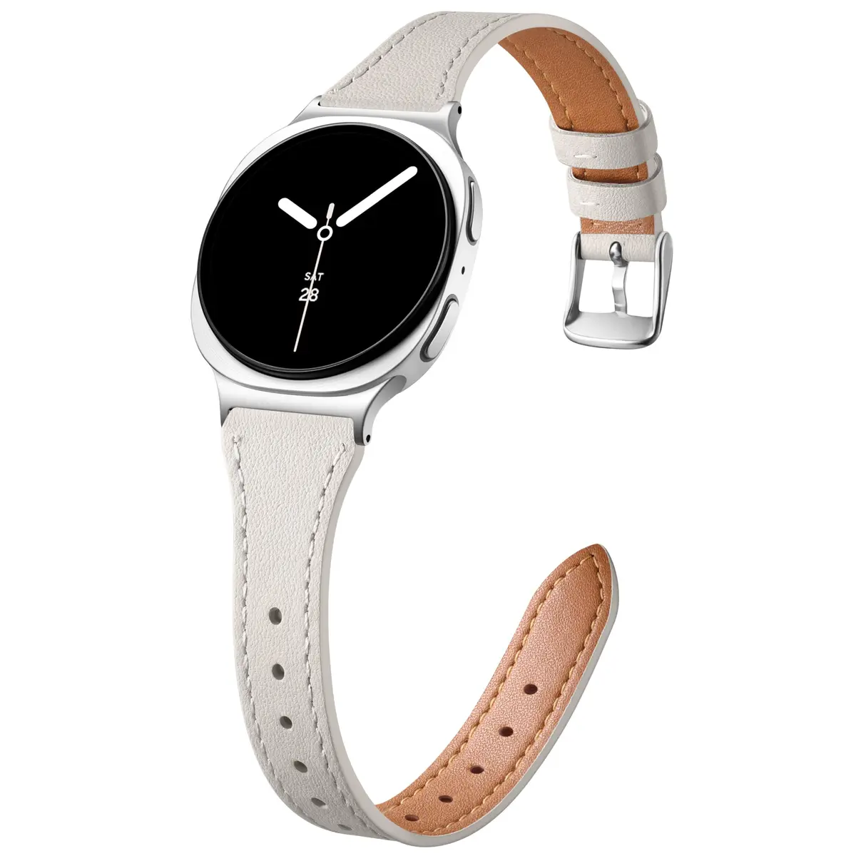 GEAK Slim Leather Band Compatible with Samsung Galaxy Watch 9 8 40mm 44mm/Watch 8 Classic 46mm Beige with Silver Buckle | Genuine Leather Replacement Dressy Strap for Women - main product image