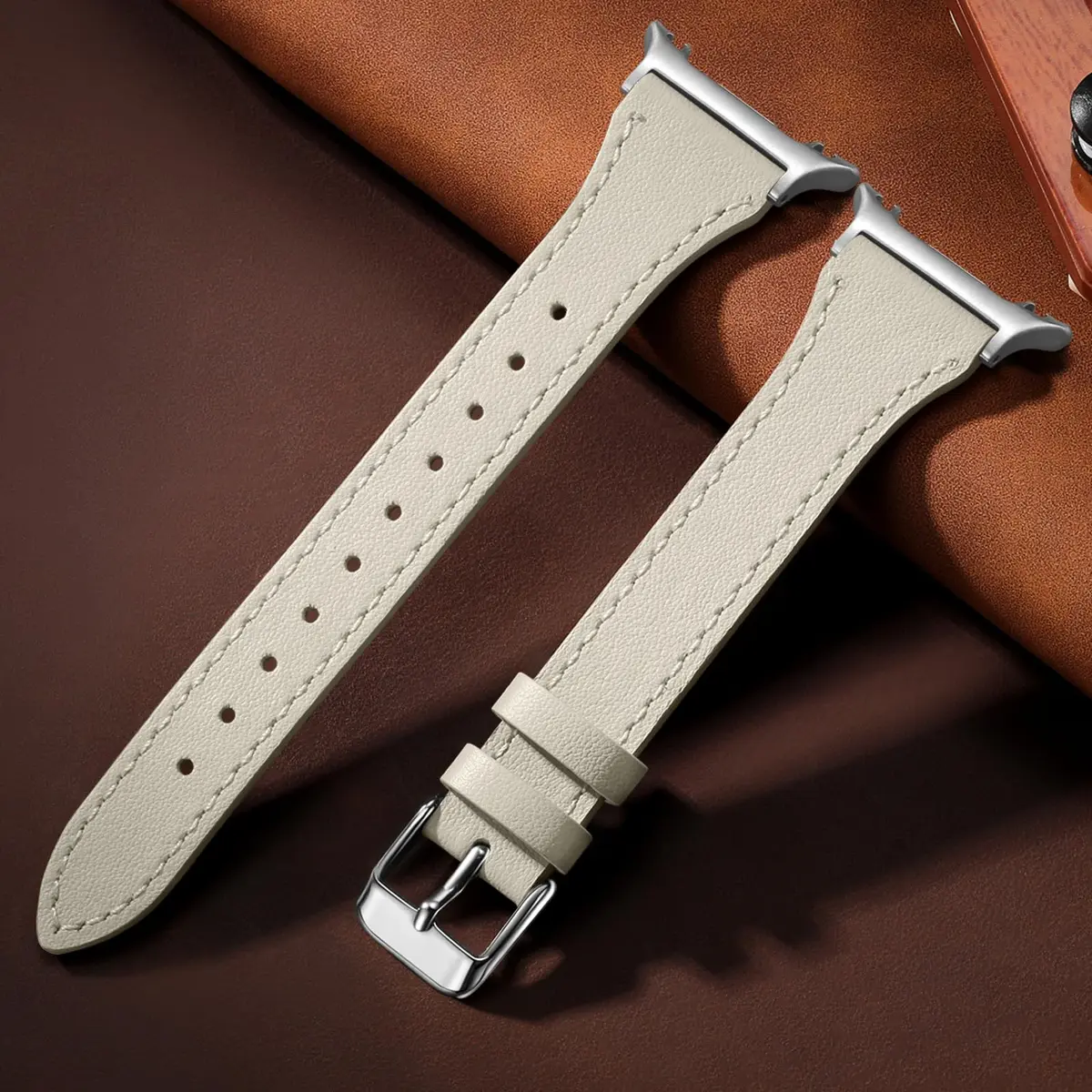 GEAK Slim Leather Band Compatible with Samsung Galaxy Watch 9 8 40mm 44mm/Watch 8 Classic 46mm Beige with Silver Buckle | Genuine Leather Replacement Dressy Strap for Women - view 5